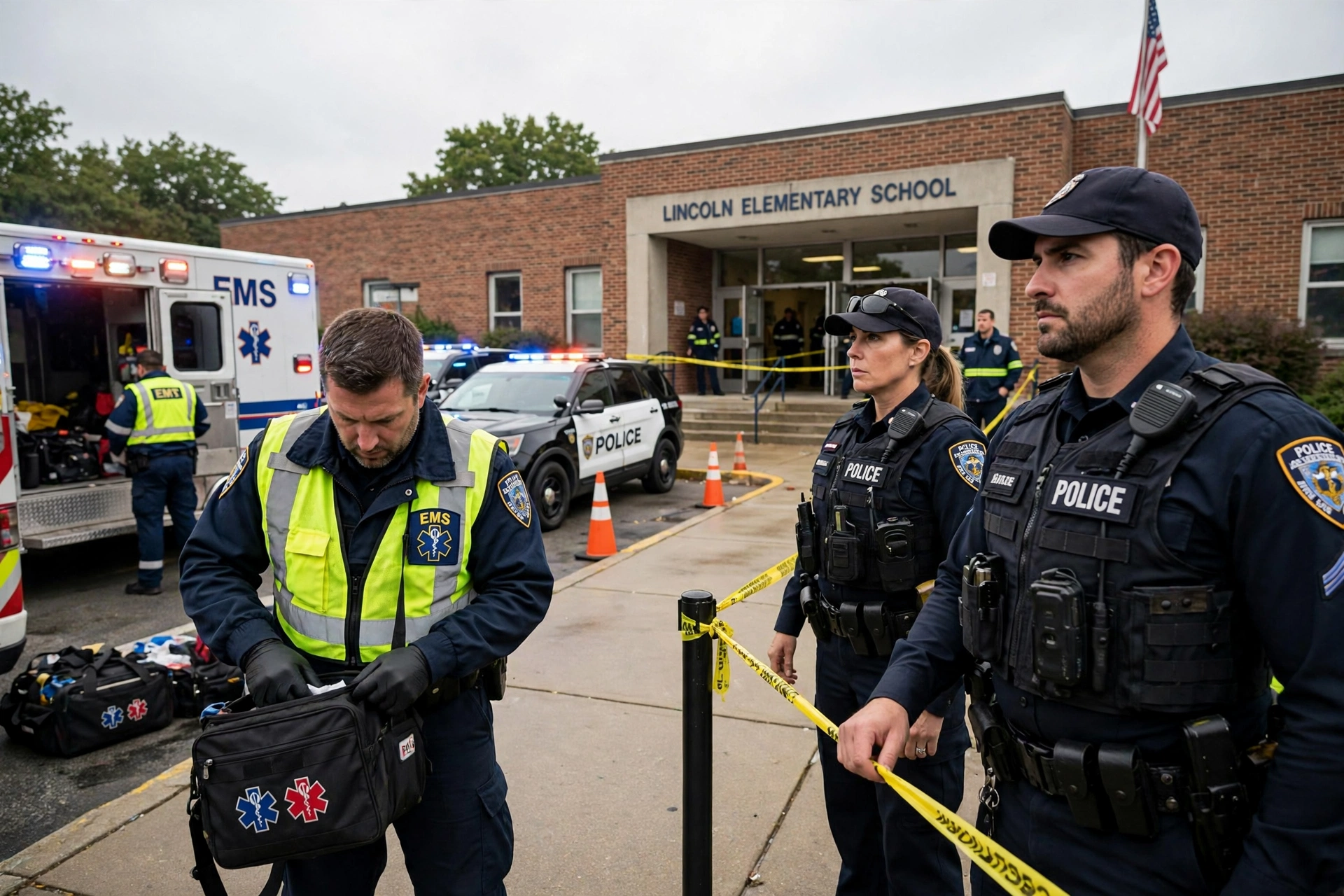 Police officers and emergency vehicles outside Silver Rail Elementary School in Bend, Oregon after the school shooting