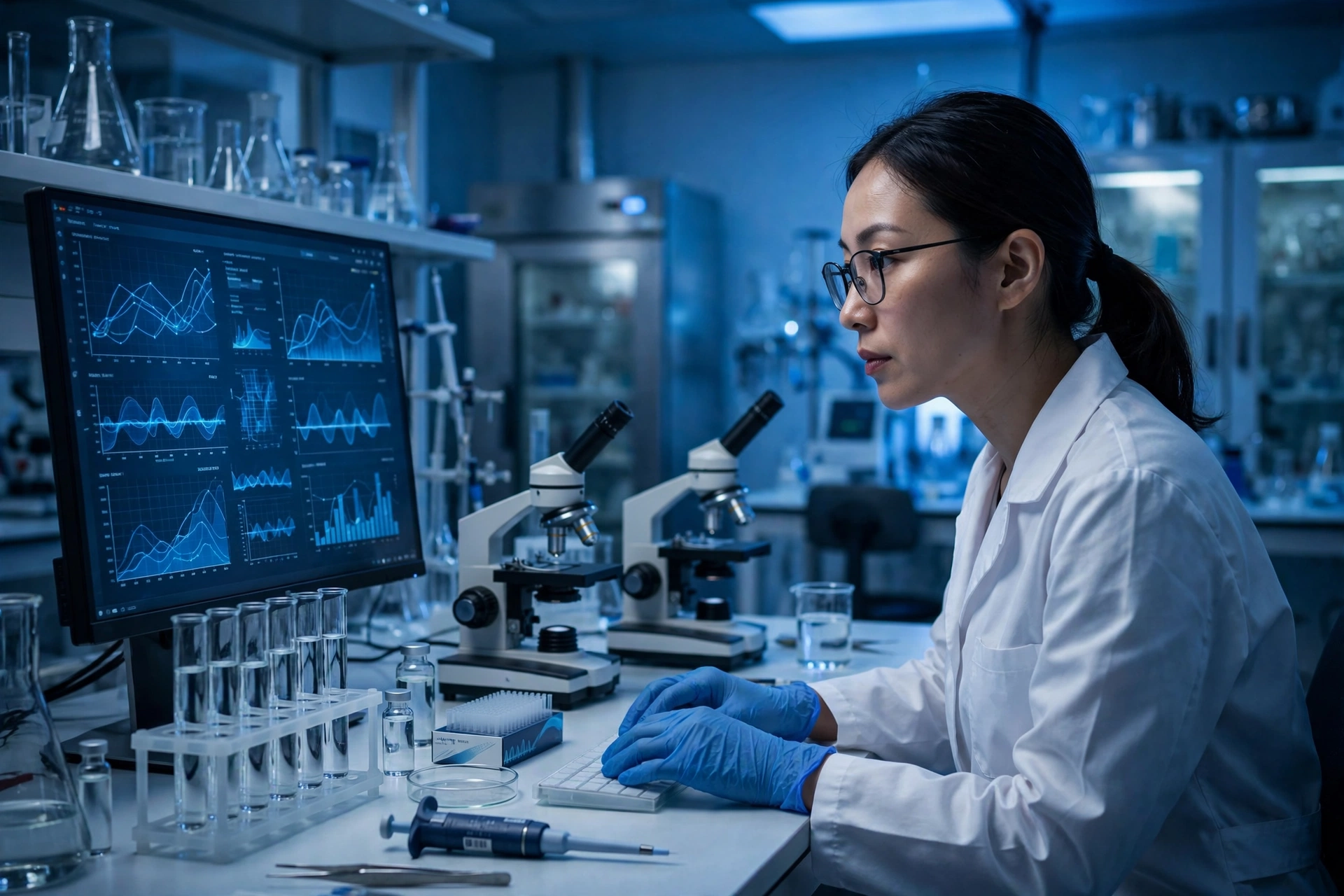 Scientist in a modern laboratory examining research data related to a new fat cell targeting drug