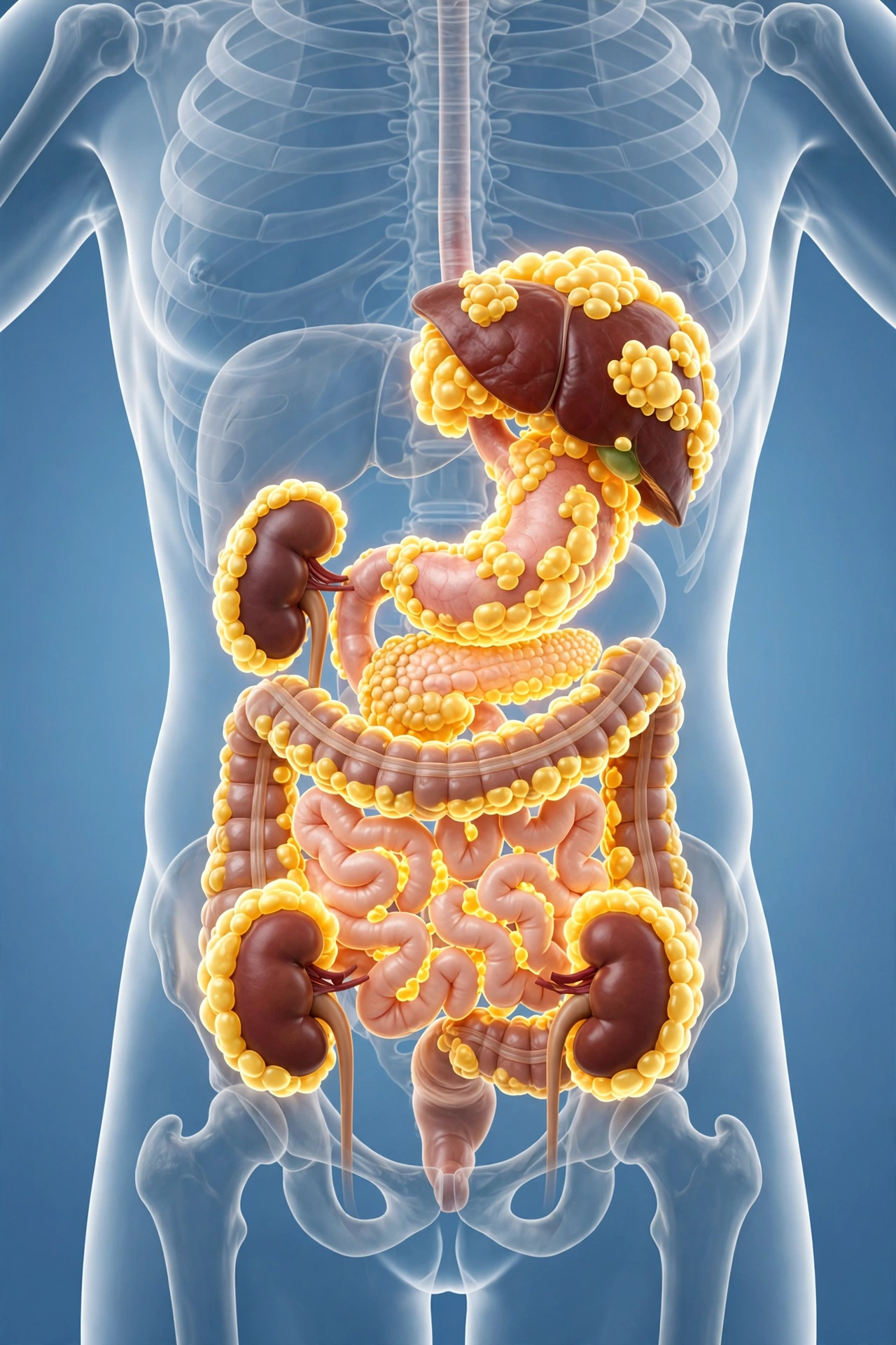 Illustration showing visceral fat wrapped around human internal organs compared to fat cells undergoing programmed cell death