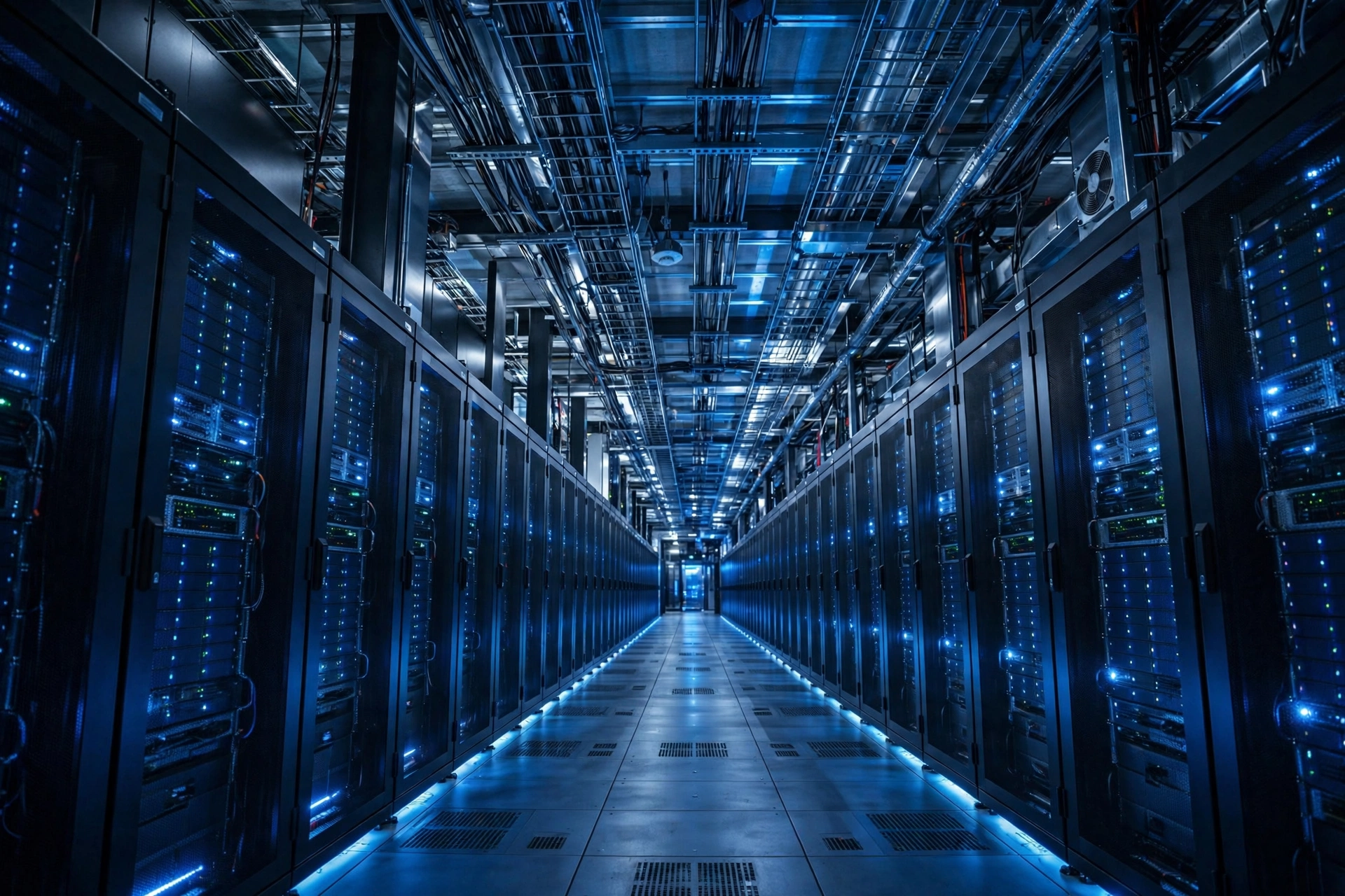 Long corridor of a modern AI data center with rows of glowing server racks and blue LED lights