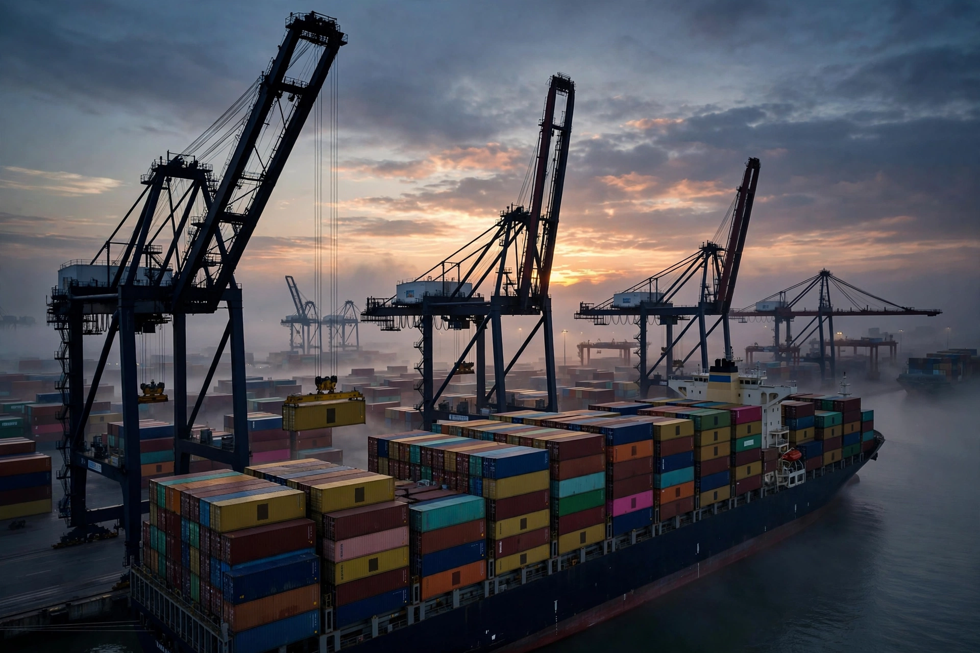 Massive container ship being loaded with shipping containers at a busy port at dawn