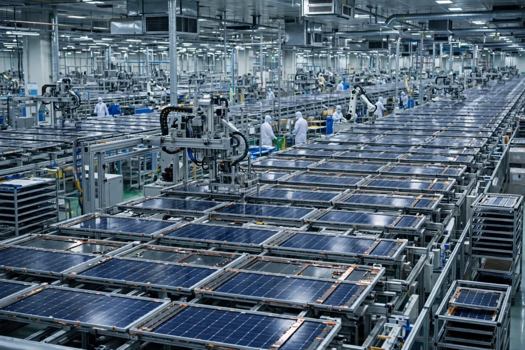 Solar panel factory with rows of photovoltaic panels on an automated production line