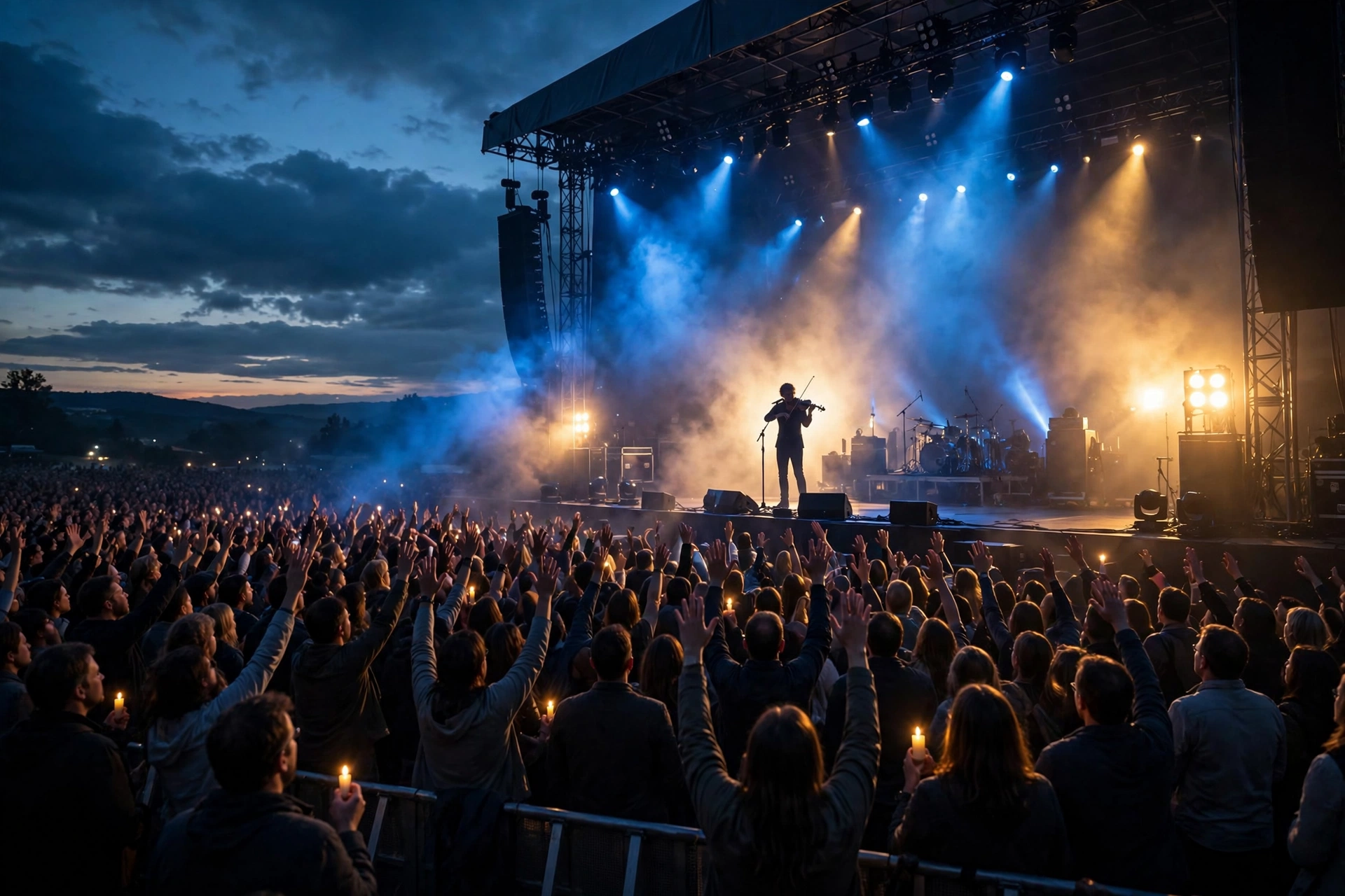 Rock concert stage with dramatic lighting and a violinist performing before a devoted crowd