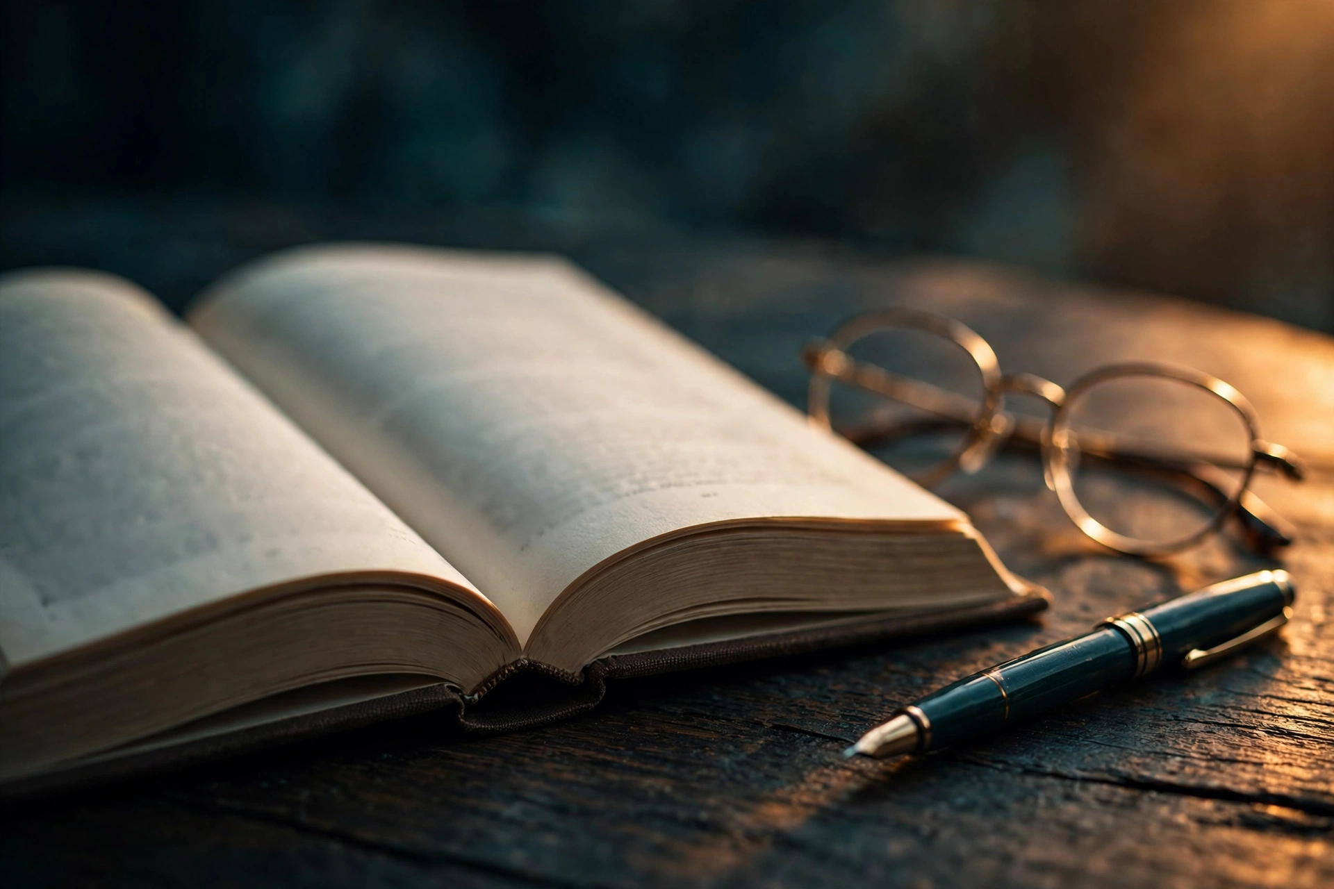 An open memoir book with reading glasses and a fountain pen on a wooden table in warm dramatic light