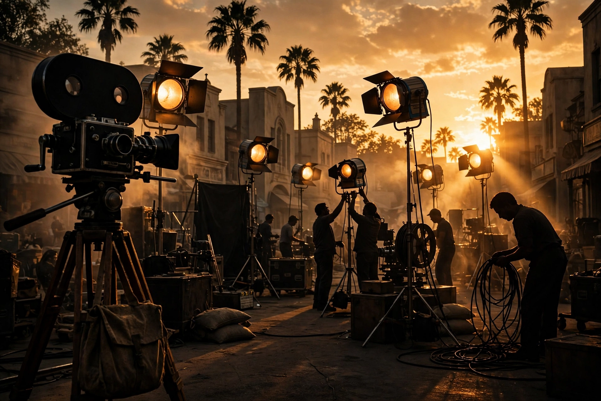 Classic Hollywood film studio backlot at golden hour with vintage cameras and stage lights