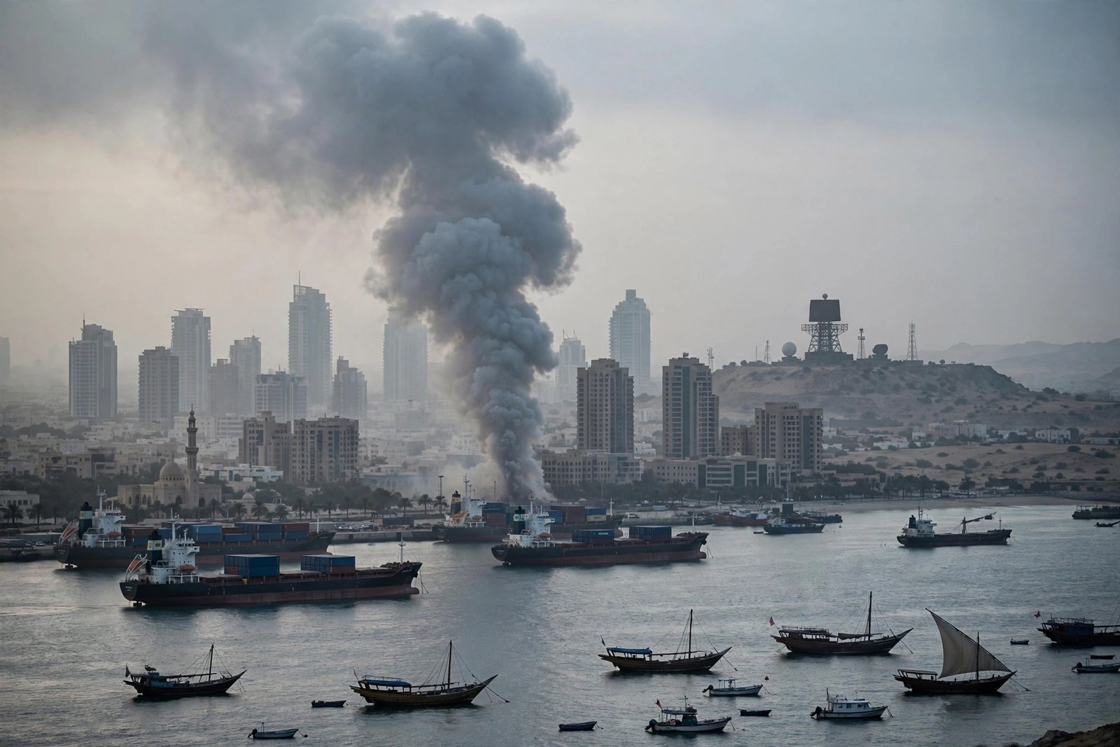 Smoke rising over an Arabian coastal city skyline at dawn as regional military tensions escalate