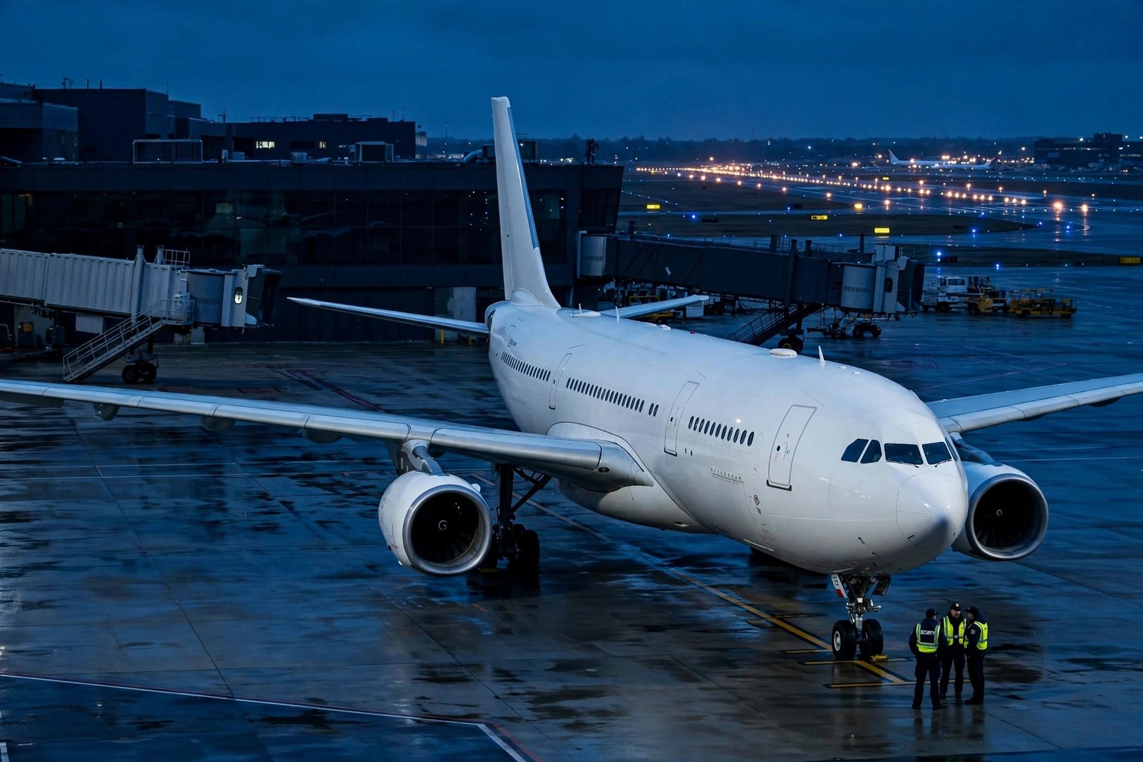 An empty passenger jet parked at a deserted airport gate at night amid heightened security