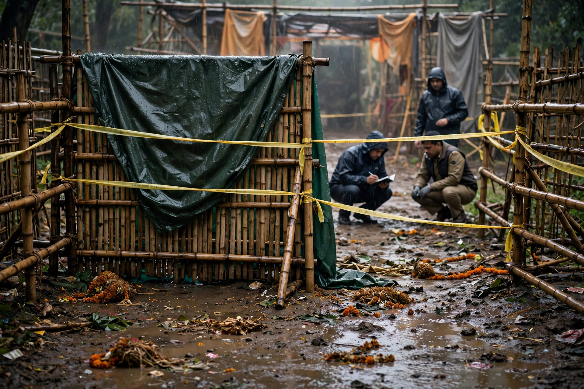 Police investigators examining the exit area of the Chorbagan Durga Puja pandal in Kolkata after the stampede