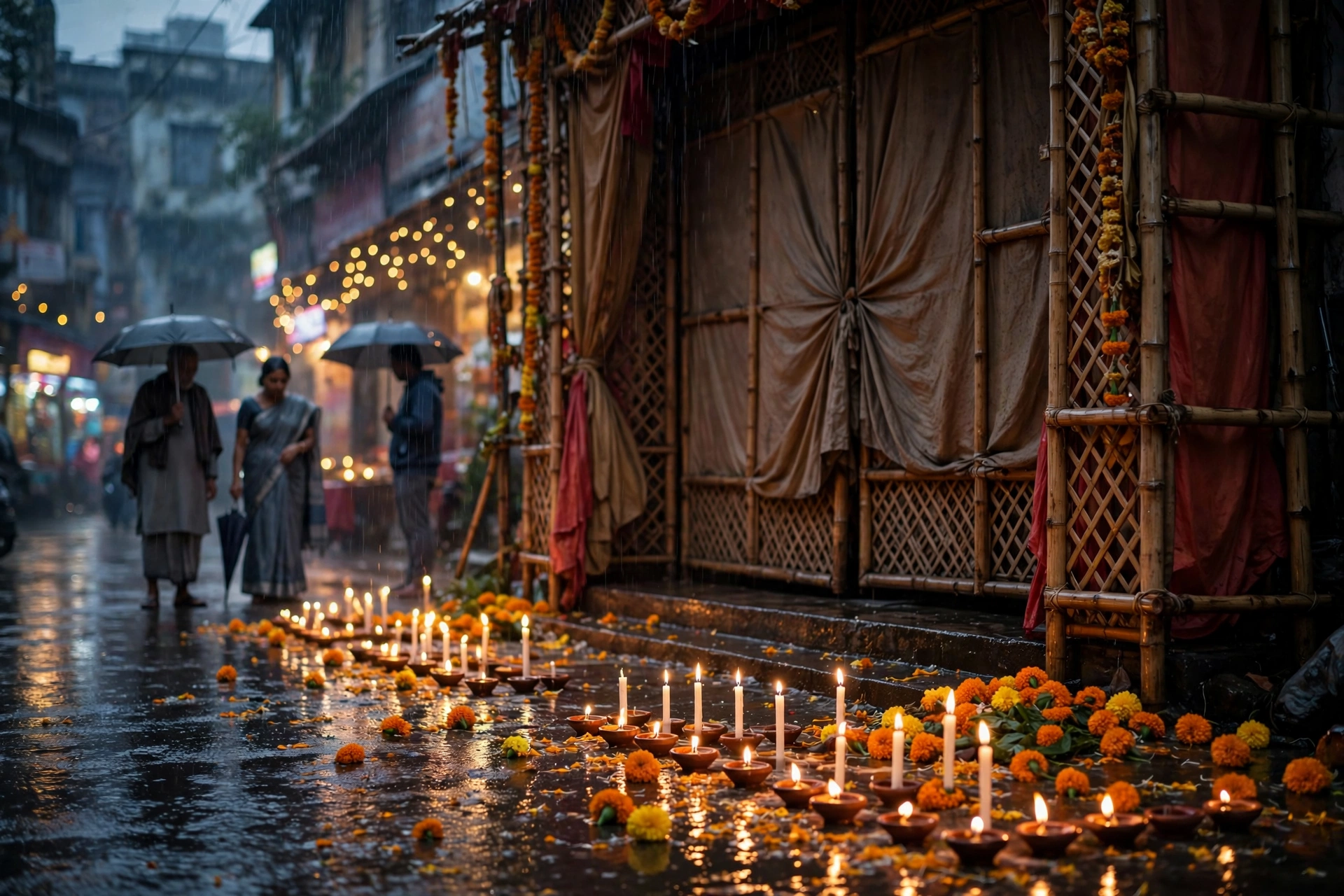 Devotees with umbrellas in monsoon rain outside a Kolkata Durga Puja pandal, candles lit in memory of the stampede victims