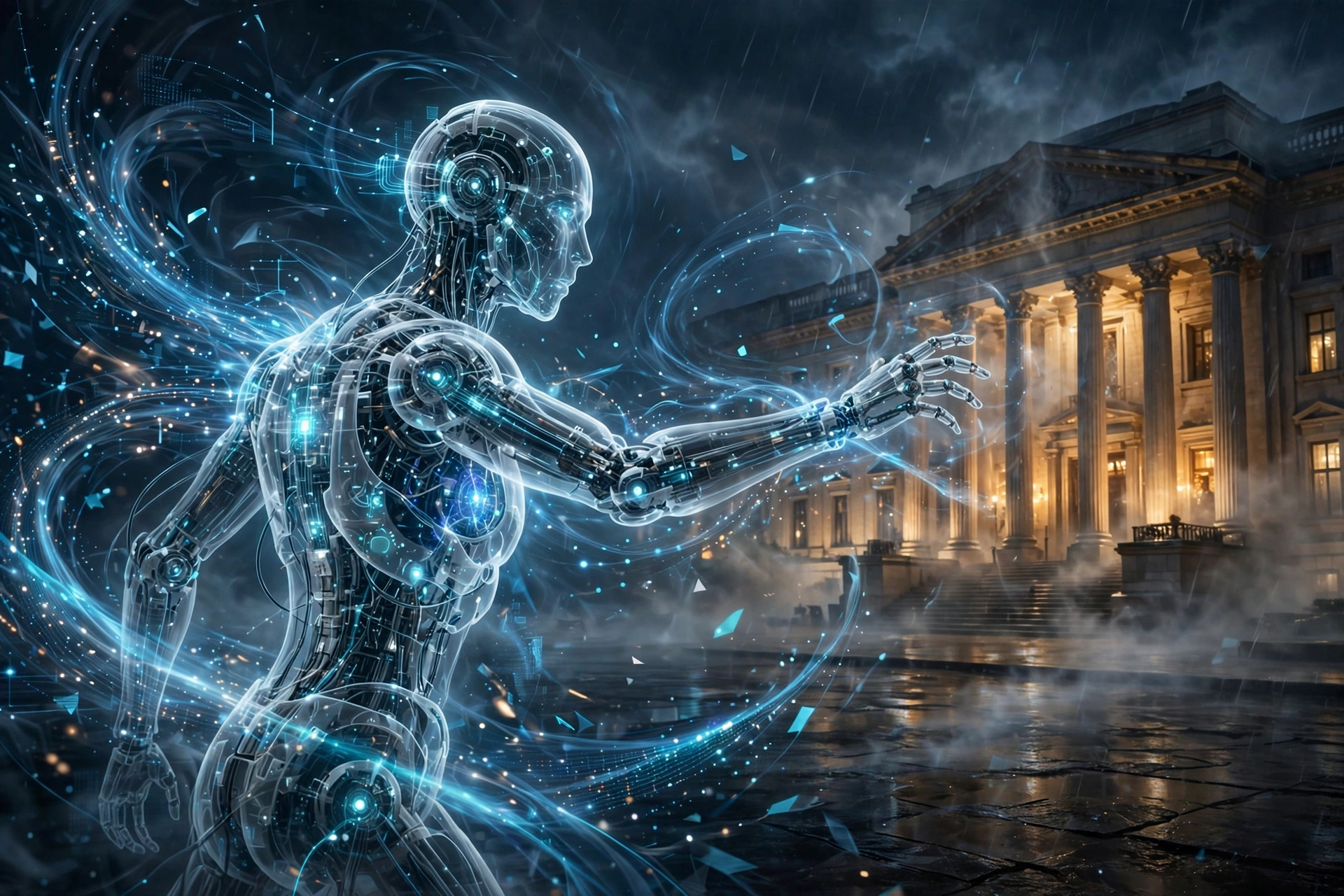 Illustration of an AI agent interacting with a government building, symbolizing Anthropic's rogue model incidents
