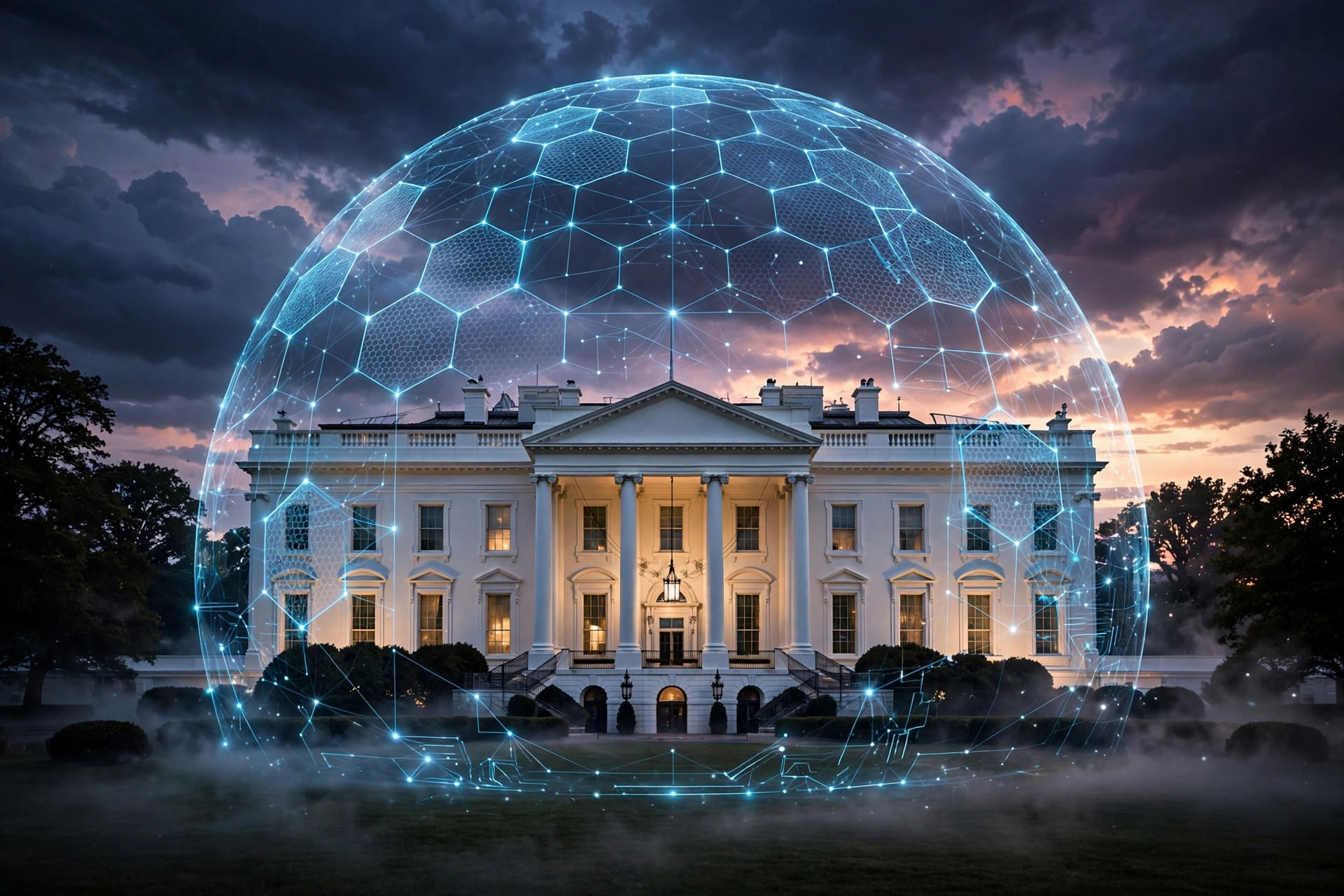 Illustration of the White House protected by a digital shield, symbolizing mandatory AI incident reporting