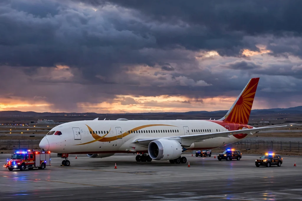 Air India Boeing 787 parked at an airport isolation bay at dusk with emergency security vehicles