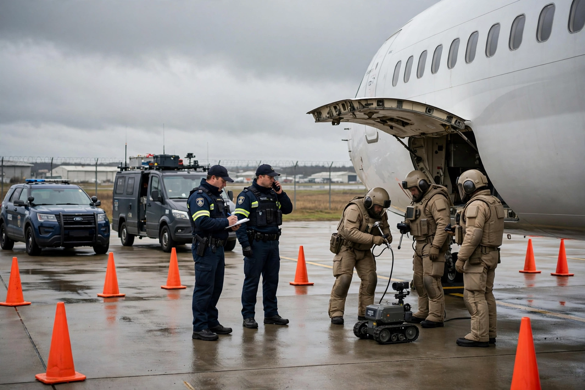 Security personnel and bomb disposal teams inspecting an Air India aircraft at the Jaipur isolation bay after the Squawk 7500 hijack alert