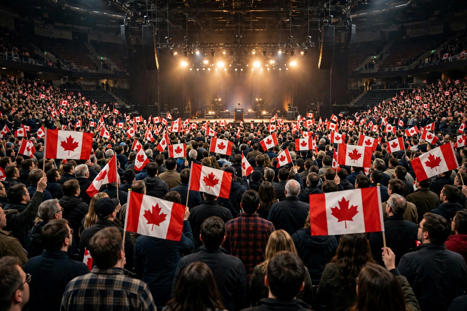 Thousands of people waving Canadian flags at a packed indoor pro-Canada rally in an arena