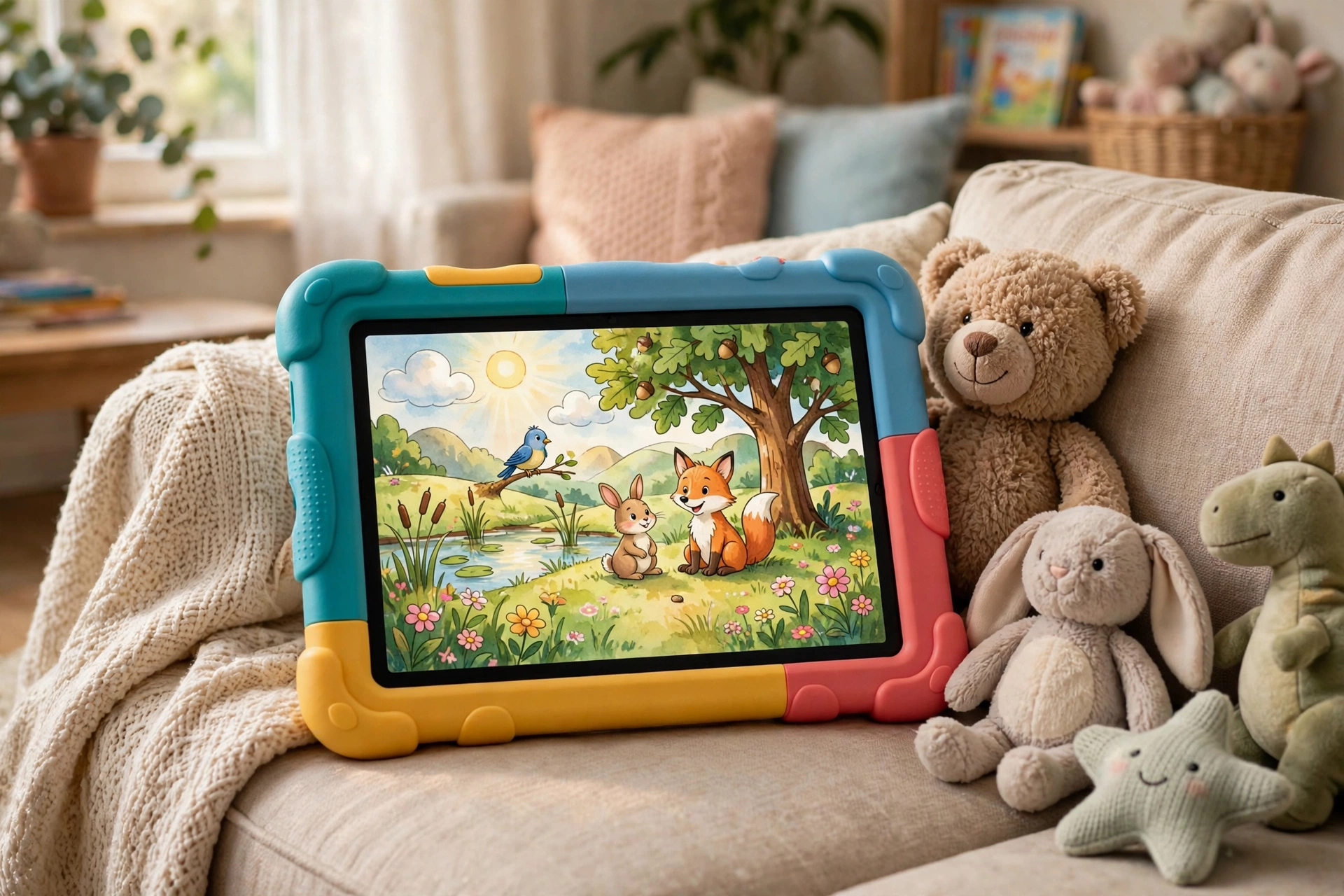 A kids tablet in a colorful protective case displaying an illustrated storybook scene