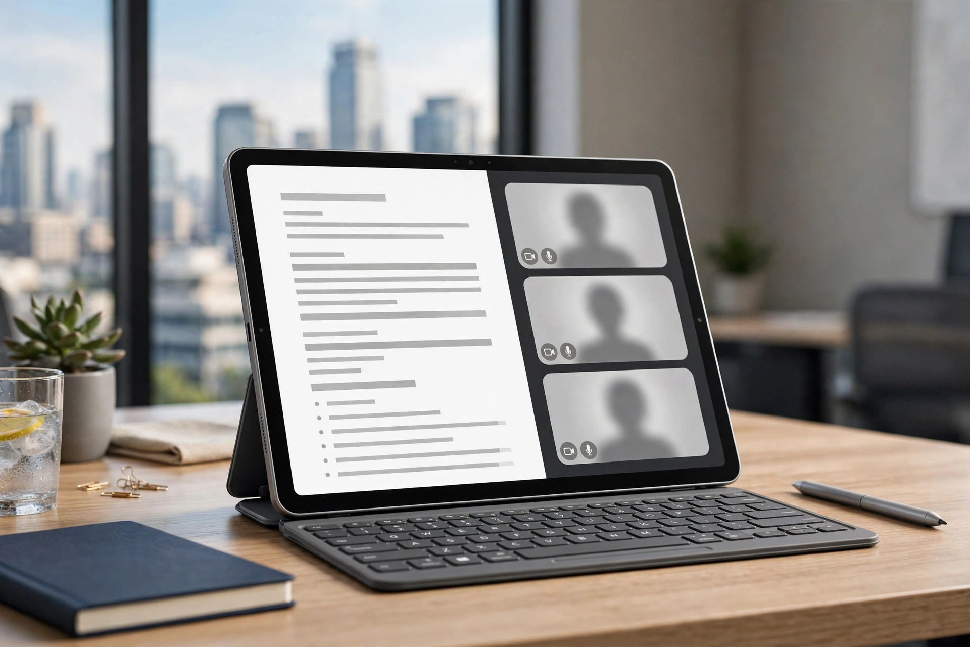 A premium aluminum tablet with magnetic keyboard and stylus pen on an office desk