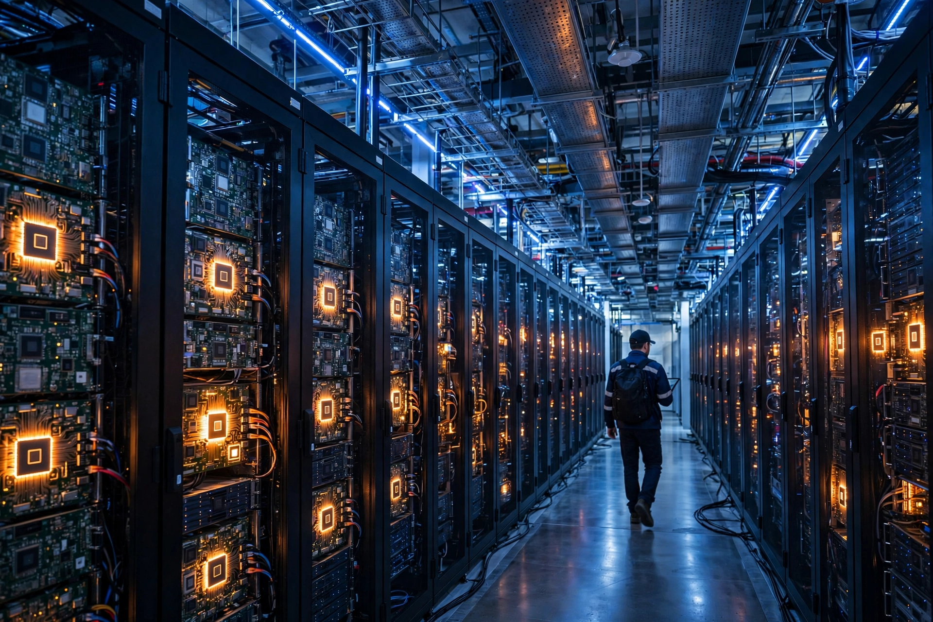 Rows of server racks and glowing AI processor chips inside a modern data center