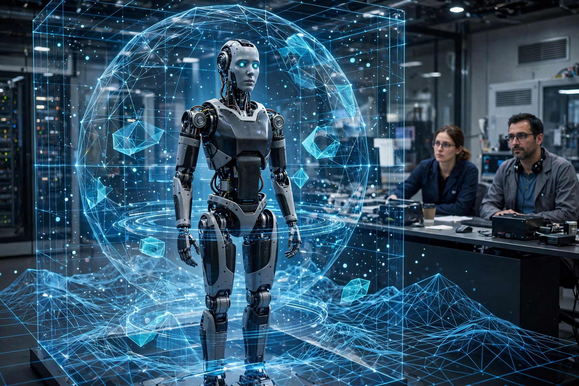 A humanoid robot training inside a futuristic virtual simulation environment with holographic 3D graphics
