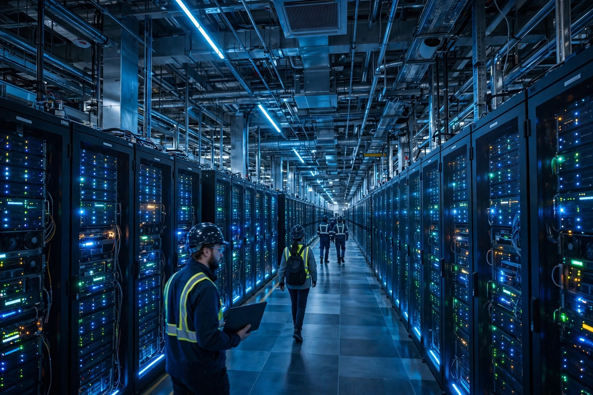 Engineers walking through a massive AI data center with rows of glowing server racks