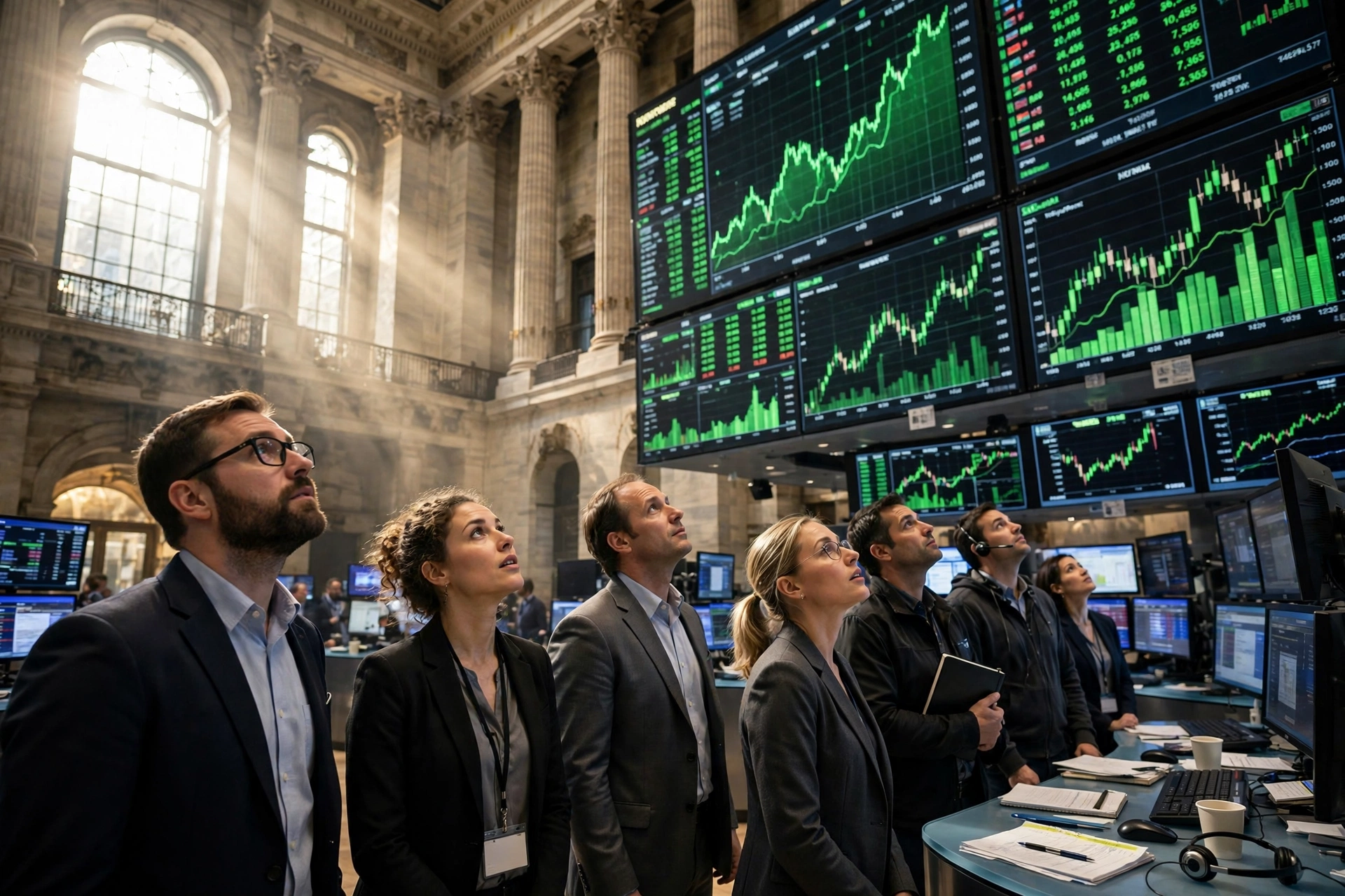 Traders on a stock exchange floor looking up at glowing market data screens showing rising green charts