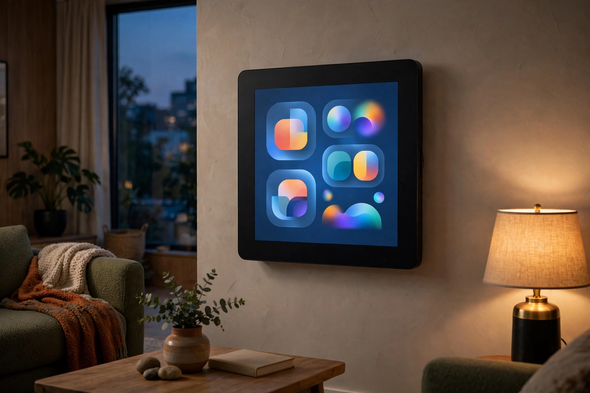 Concept of a wall-mounted square smart home hub glowing softly in a modern living room at dusk