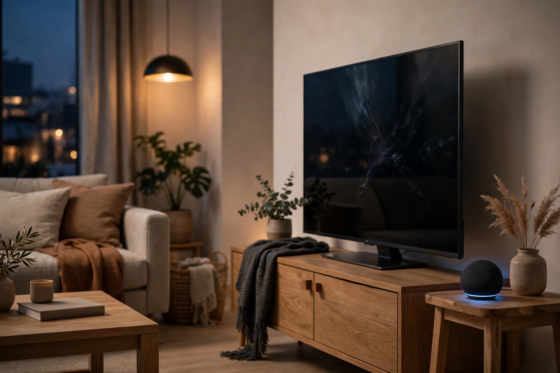 Cozy modern living room at dusk with a large TV on a media console and a small round smart speaker glowing beside it