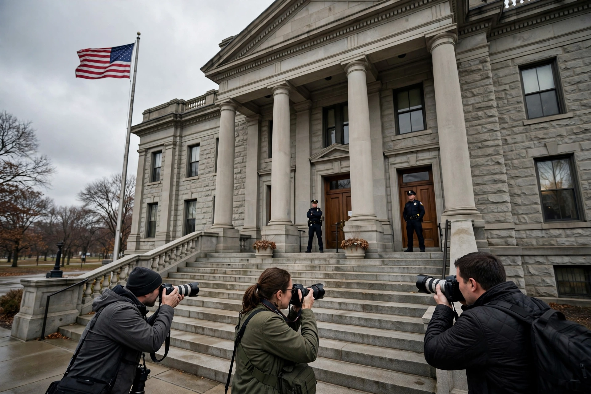 Illinois county courthouse exterior on an overcast day, with an American flag and press photographers on the steps, where the 19-year-old suspect in the Aurora Hindu temple shooting plot faced a detention hearing
