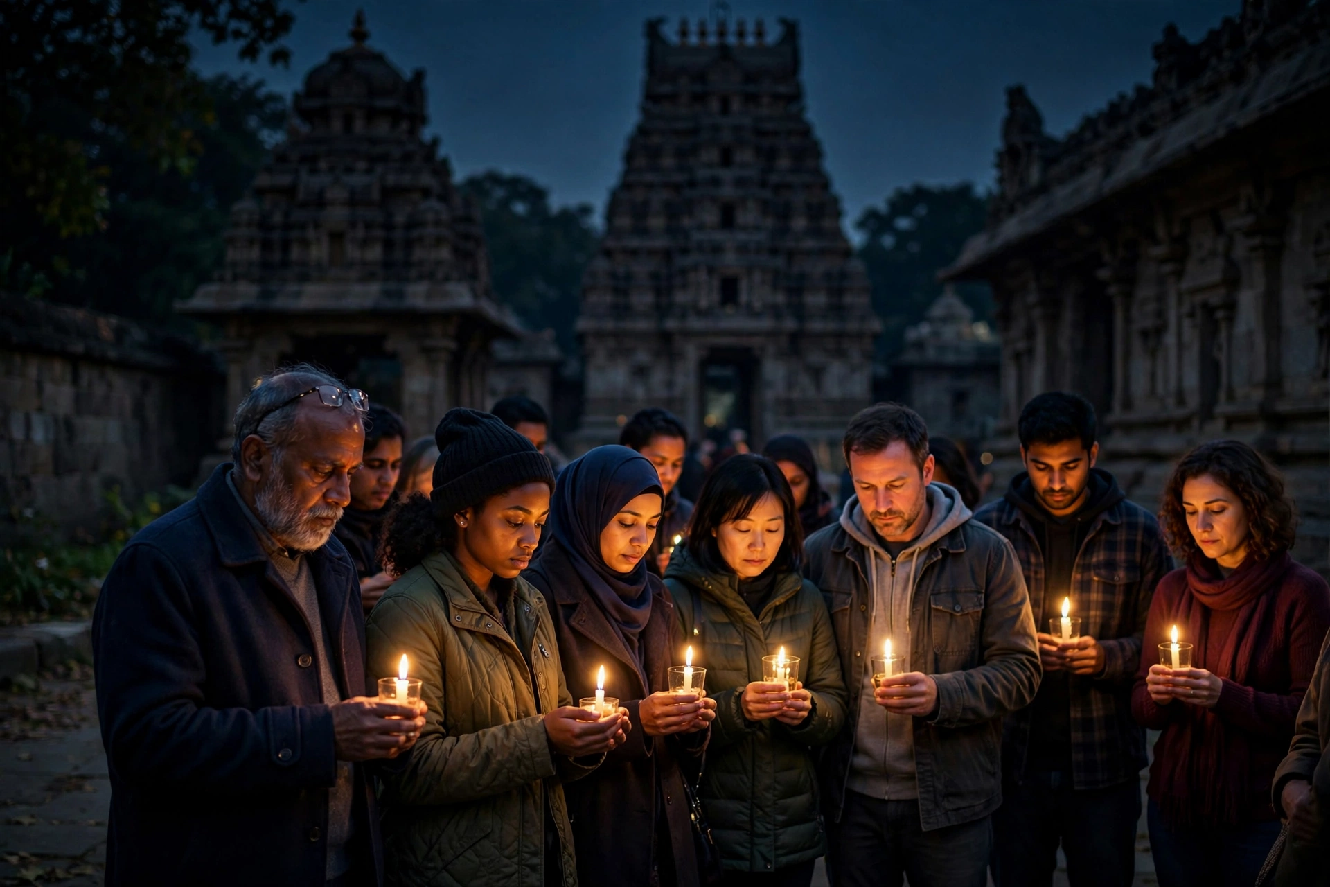 Community members holding lit candles at a vigil outside a Hindu temple in the evening after the foiled Aurora Hindu temple shooting plot