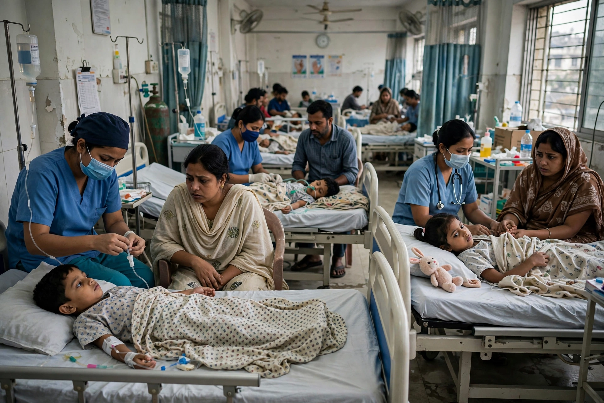 Overcrowded children's hospital ward in Bangladesh as nurses attend to young measles patients