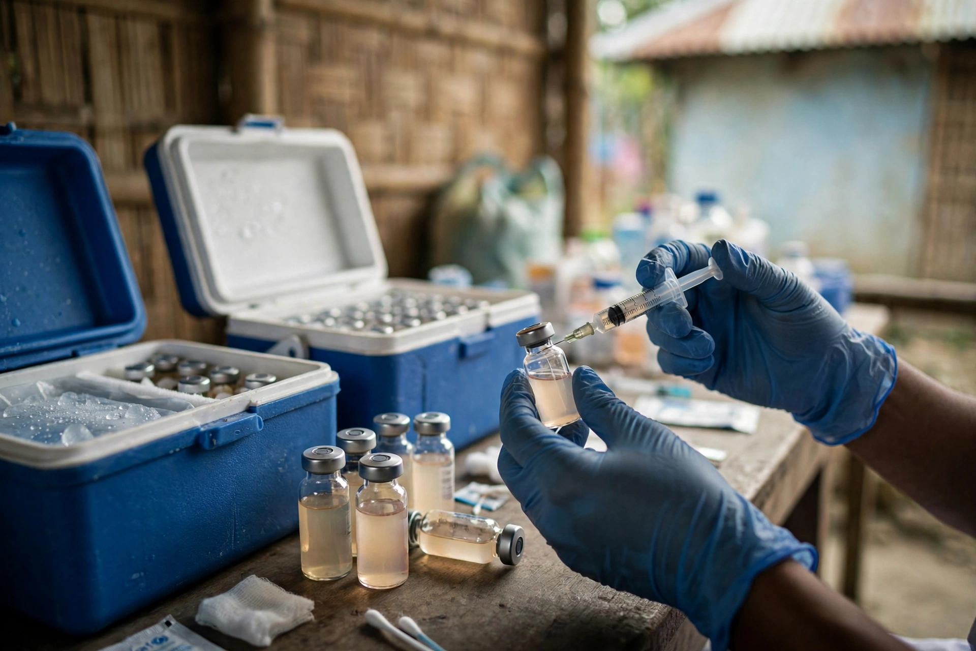 Measles vaccine vials and cold-chain carriers prepared in a rural Bangladeshi clinic