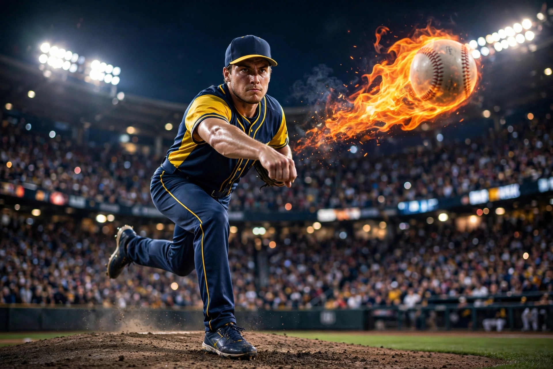 Rookie Brewers pitcher Jacob Misiorowski delivering a pitch under the lights during NLCS Game 1 against the Dodgers