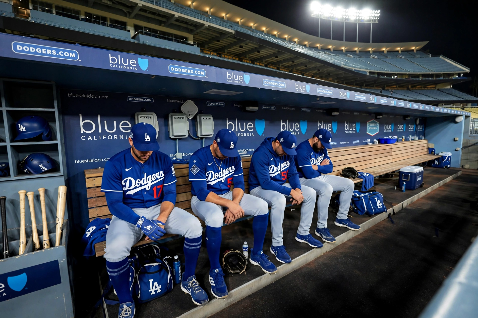 Los Angeles Dodgers players sitting quietly in the dugout after the Game 3 loss at Dodger Stadium