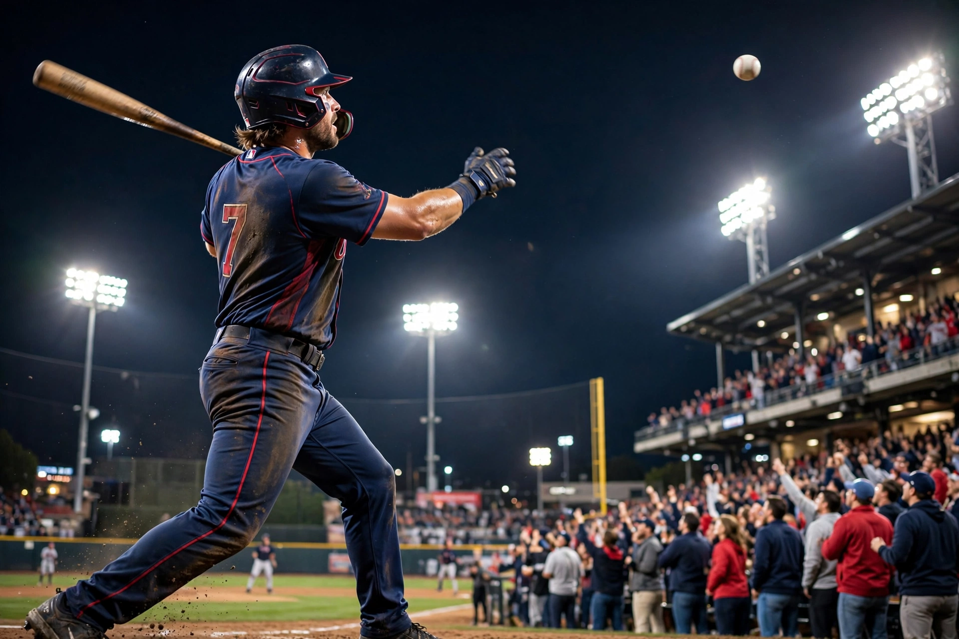 Batter following through on a deep swing toward right field during a night game at Dodger Stadium