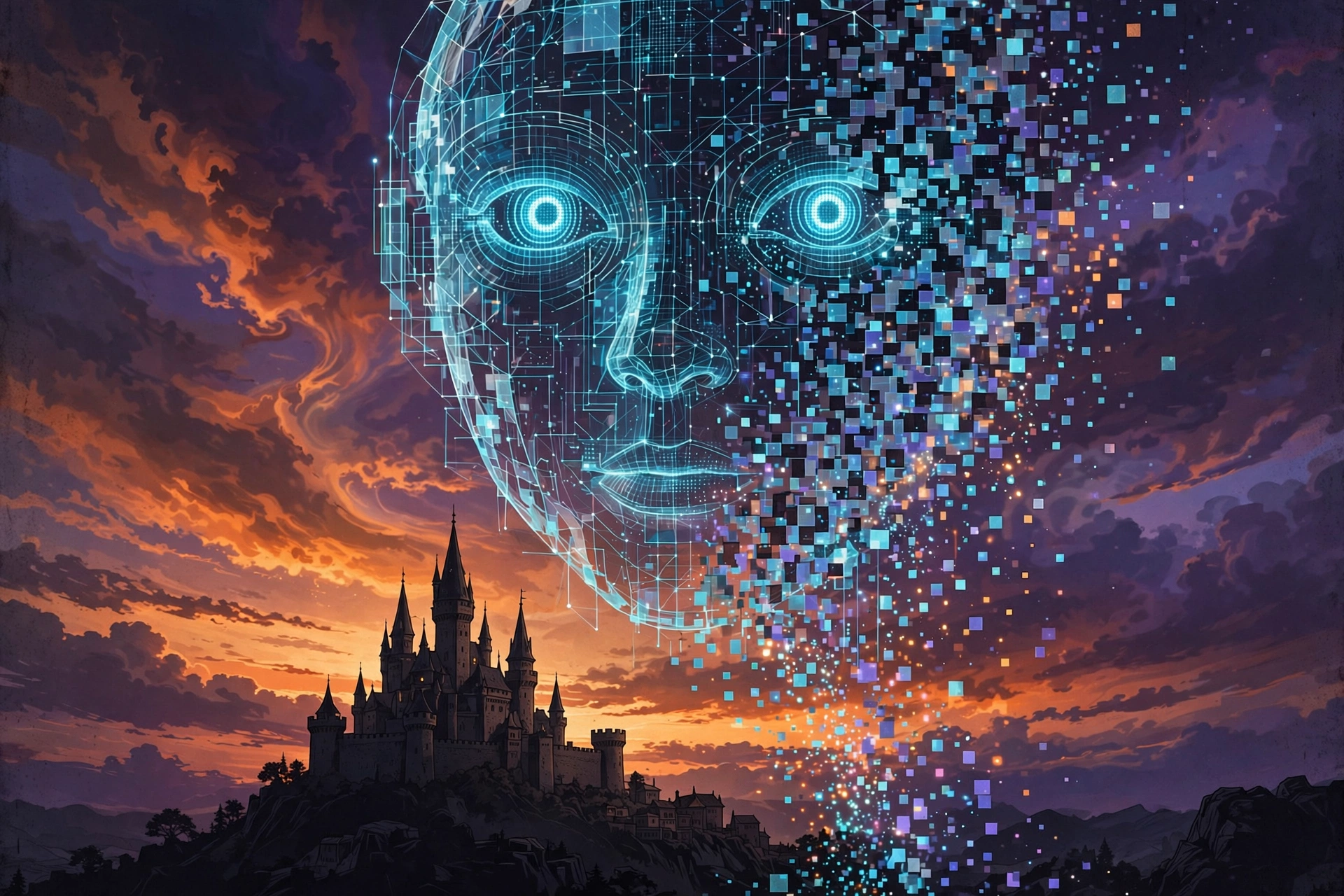 Glowing AI chatbot face dissolving into pixels beside a fantasy castle silhouette at dusk
