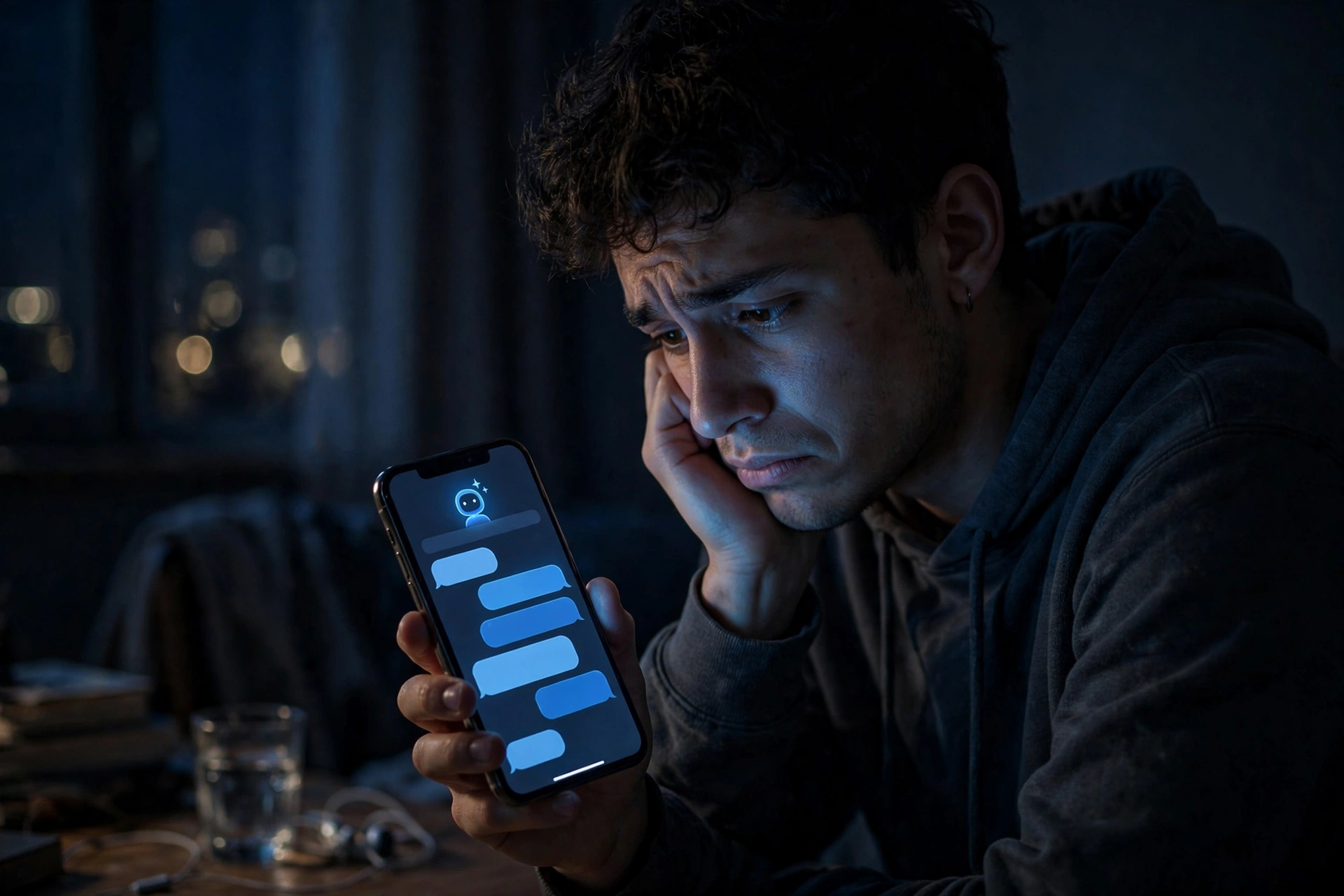 Young person chatting with an AI companion chatbot on a smartphone late at night