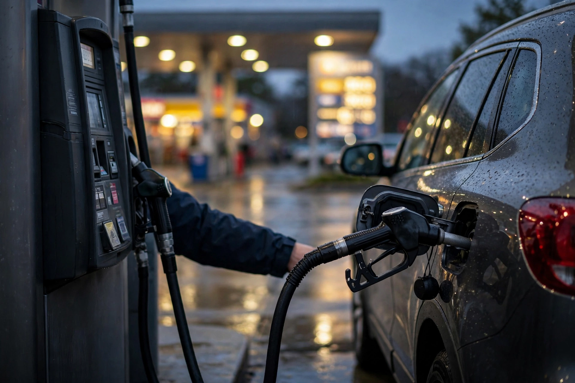 A driver refueling a car at a gas station at dusk as US gasoline prices jumped 9.1% in September 2026