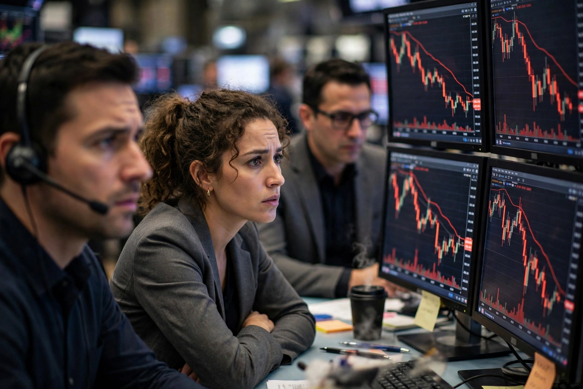 Traders on a Wall Street floor watching chip stock charts fall sharply in red