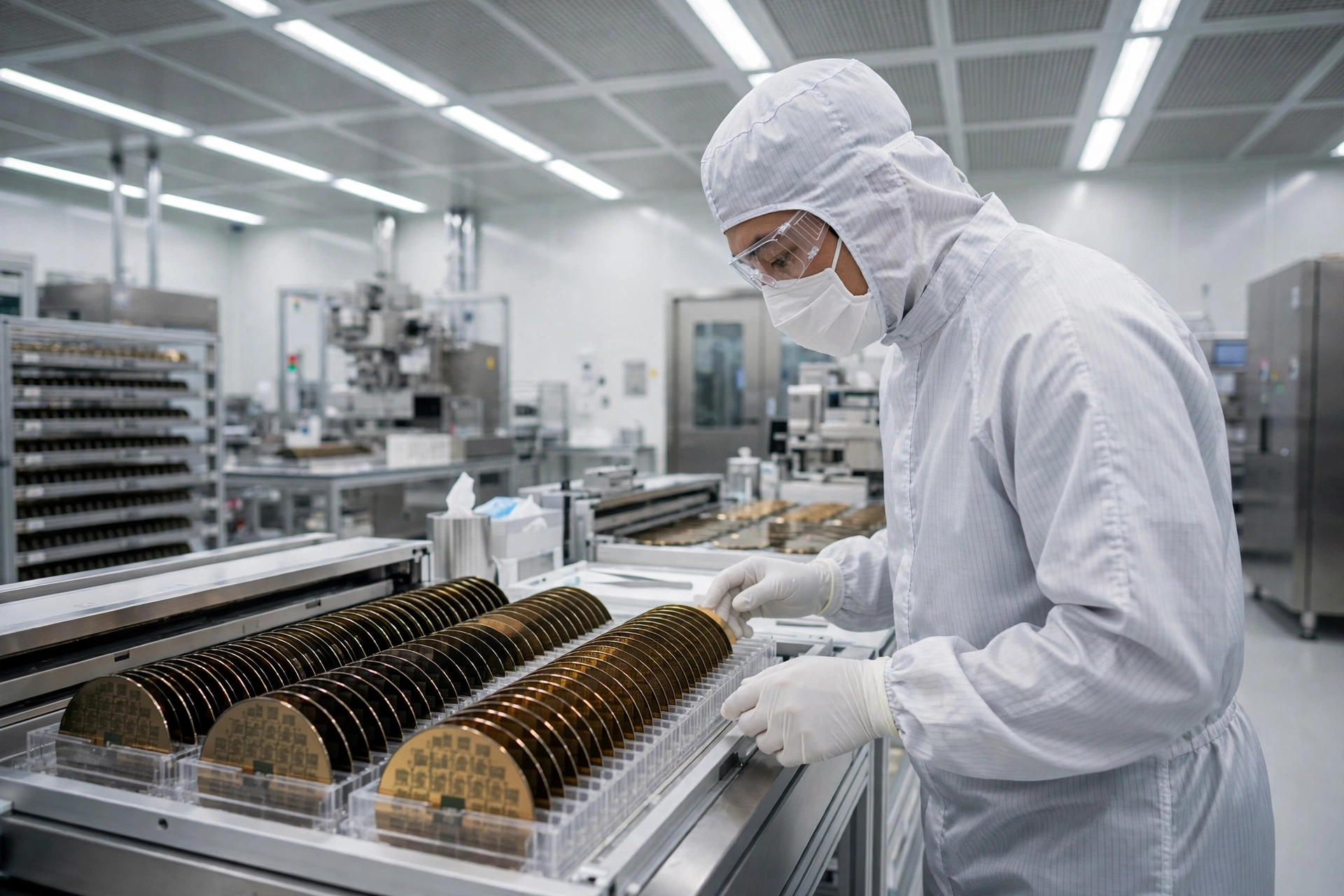 Semiconductor cleanroom with technician inspecting silicon memory wafers