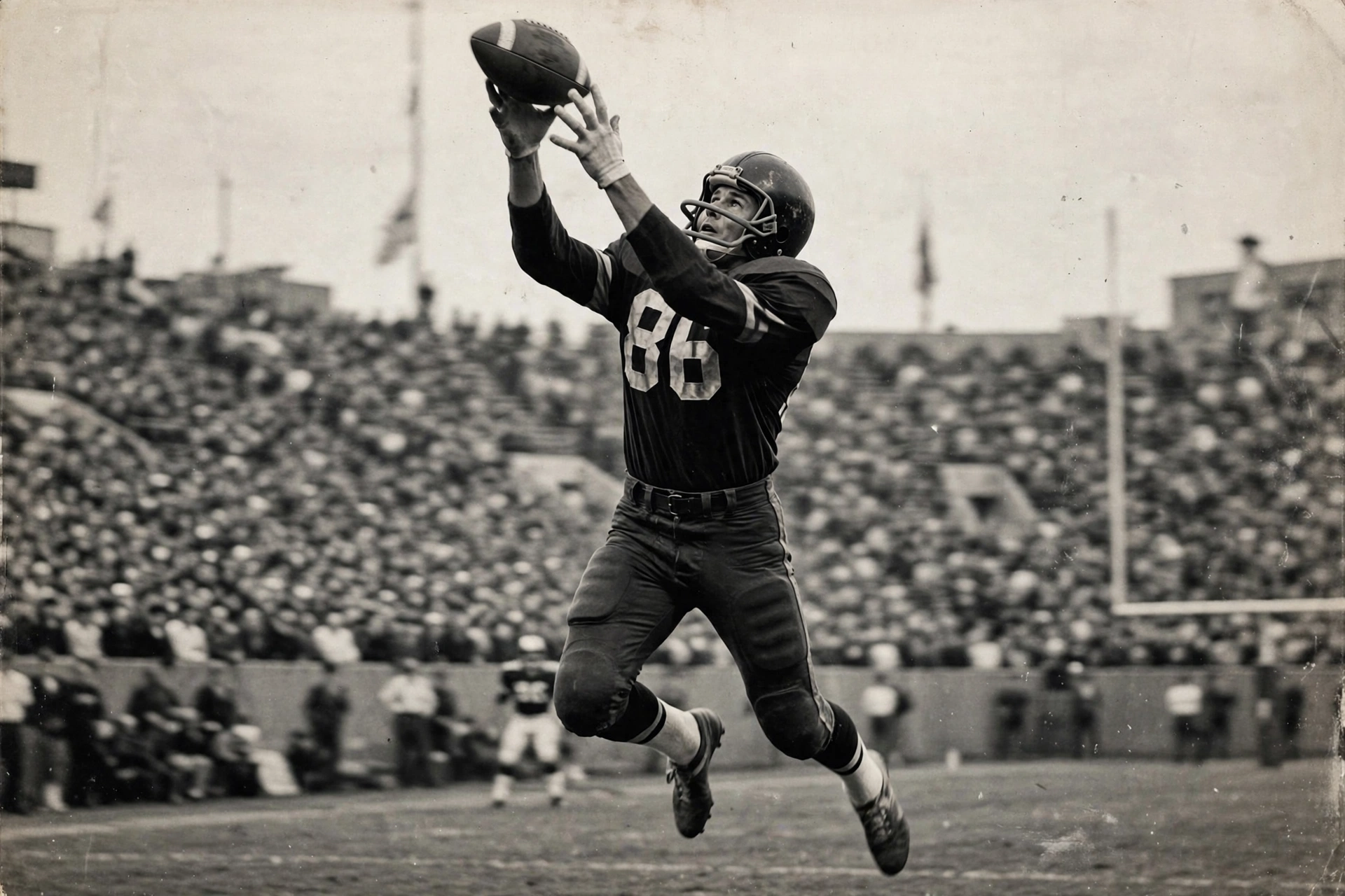 Vintage-style photograph of a 1960s American football tight end leaping to catch a pass during a game, in tribute to Mike Ditka's pioneering playing career