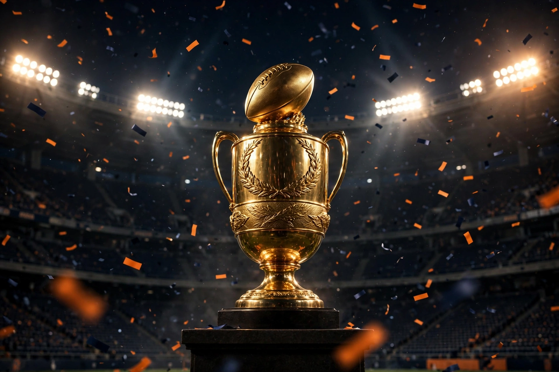 A golden football championship trophy glowing under stadium lights at night, honoring Mike Ditka's Super Bowl XX victory as head coach of the 1985 Chicago Bears