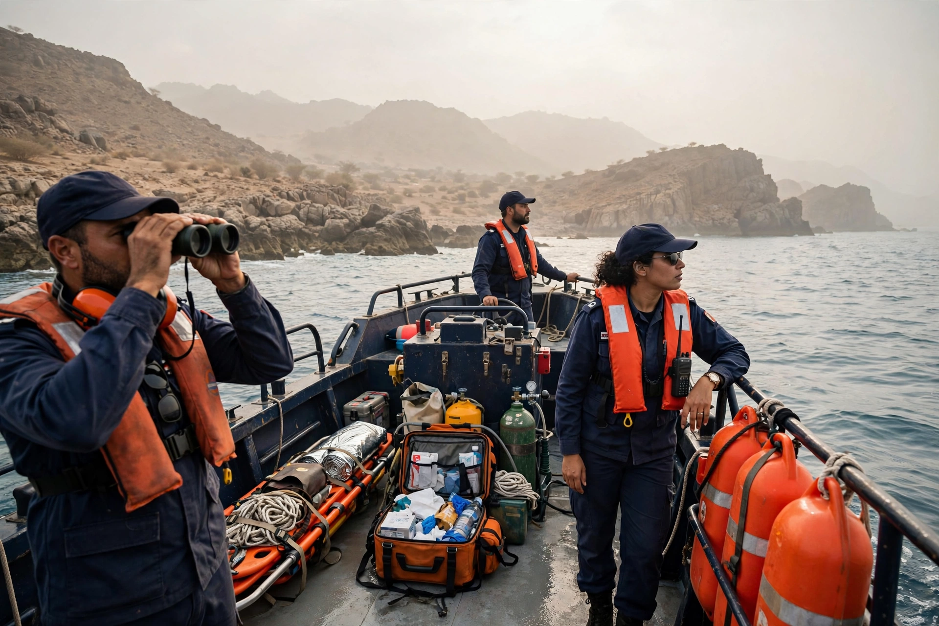 Search and rescue patrol boat scanning the sea off the rocky coastline near Obock, Djibouti, in the aftermath of the migrant boat sinking