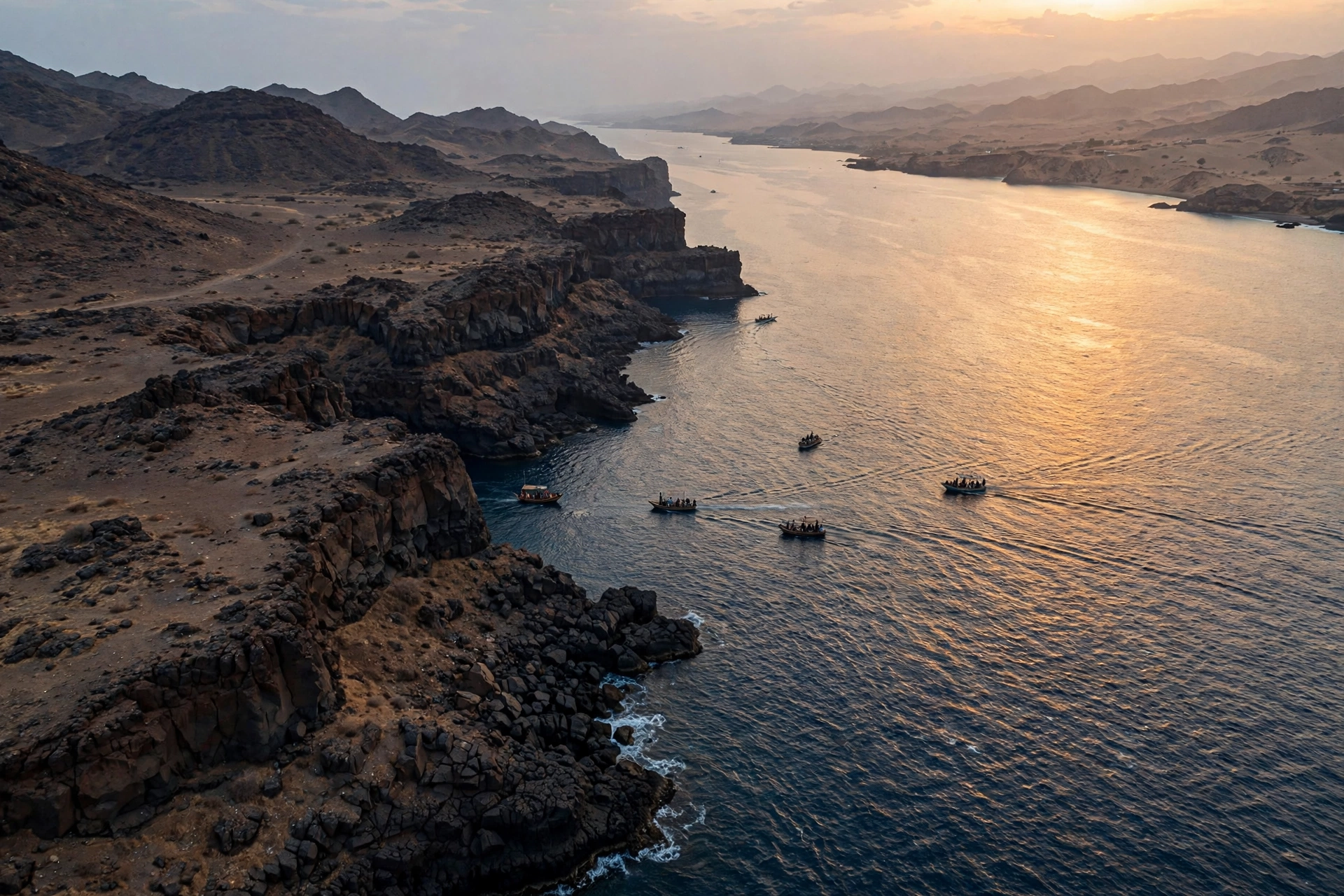Aerial view of the strait between Djibouti and Yemen at dusk, showing the dangerous migrant sea crossing route across the Bab el-Mandeb