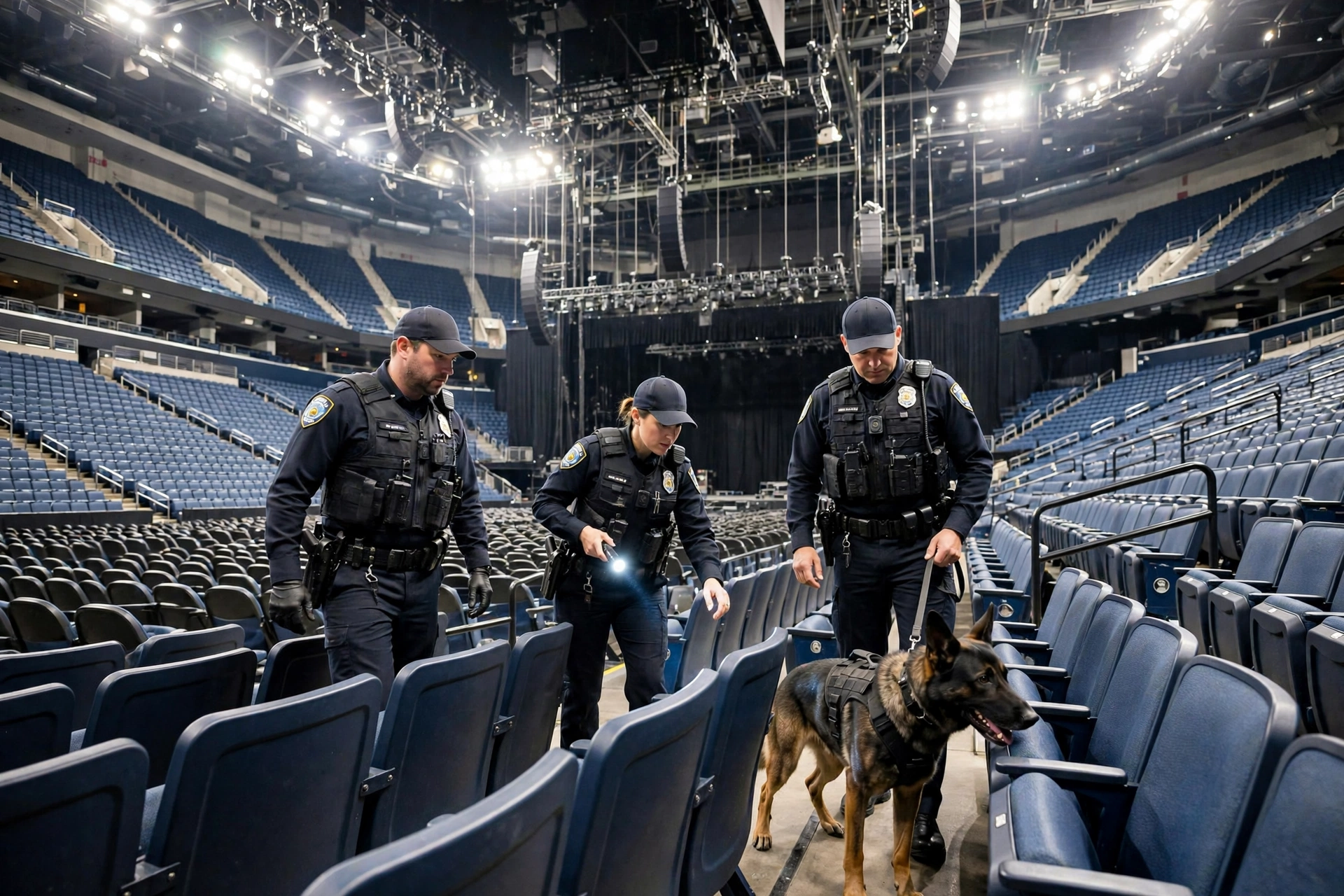 Police officers and a K-9 unit conducting a security sweep inside a large empty arena (illustrative image)
