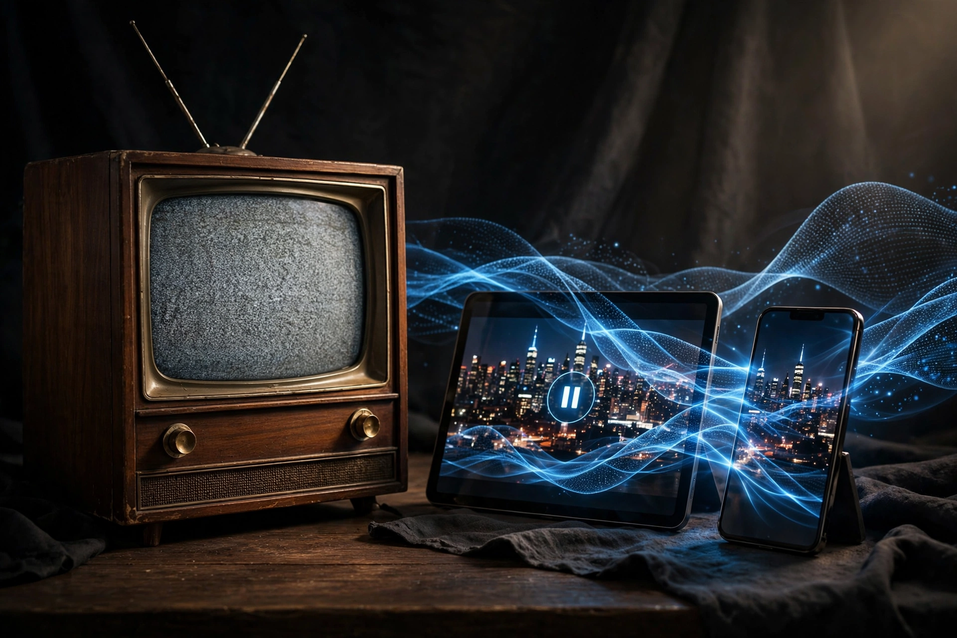 Vintage 1950s television next to a modern tablet streaming video, showing the shift from broadcast to streaming