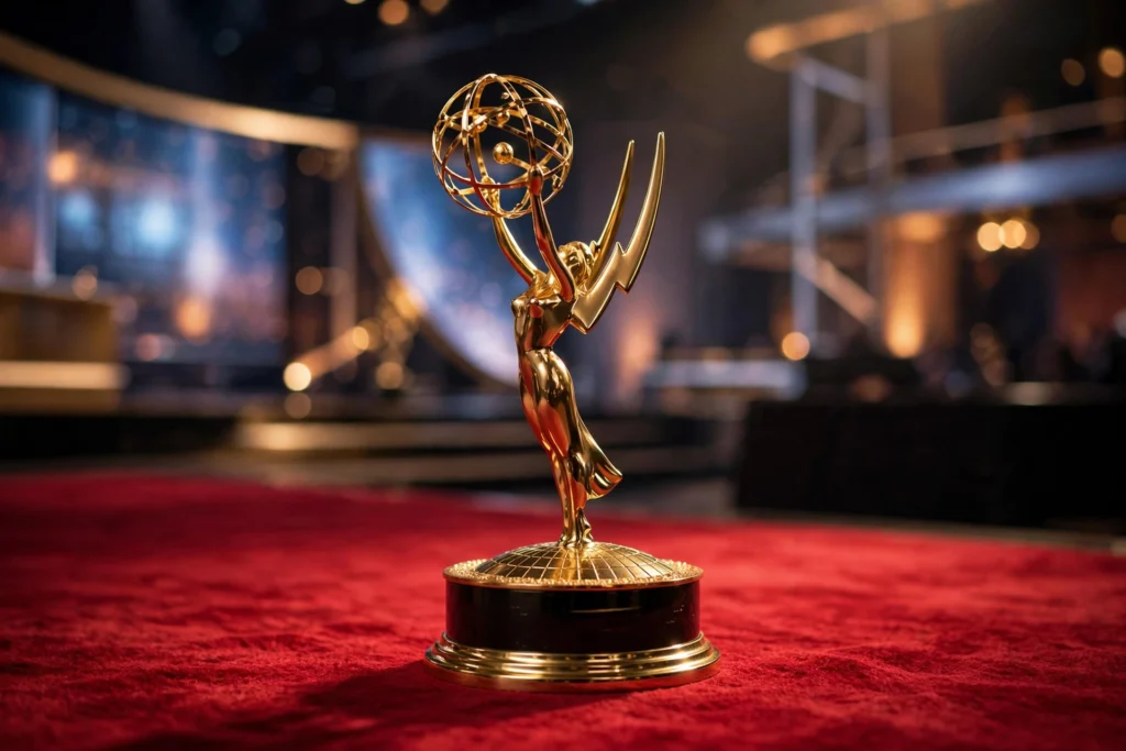 Golden Emmy statuette on a red carpet with an awards stage in the background