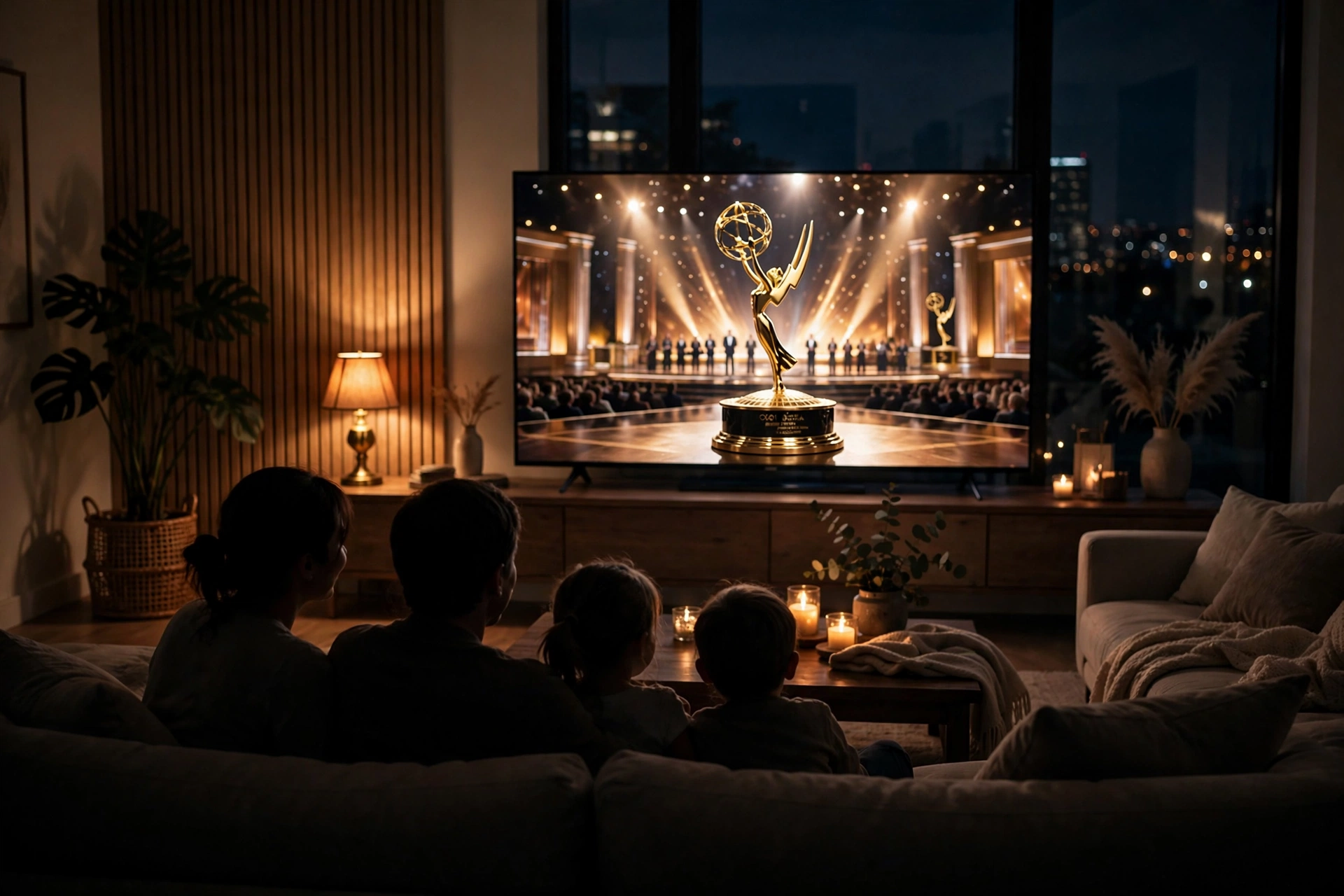 Family watching the Emmy Awards streaming live on a TV in a modern living room