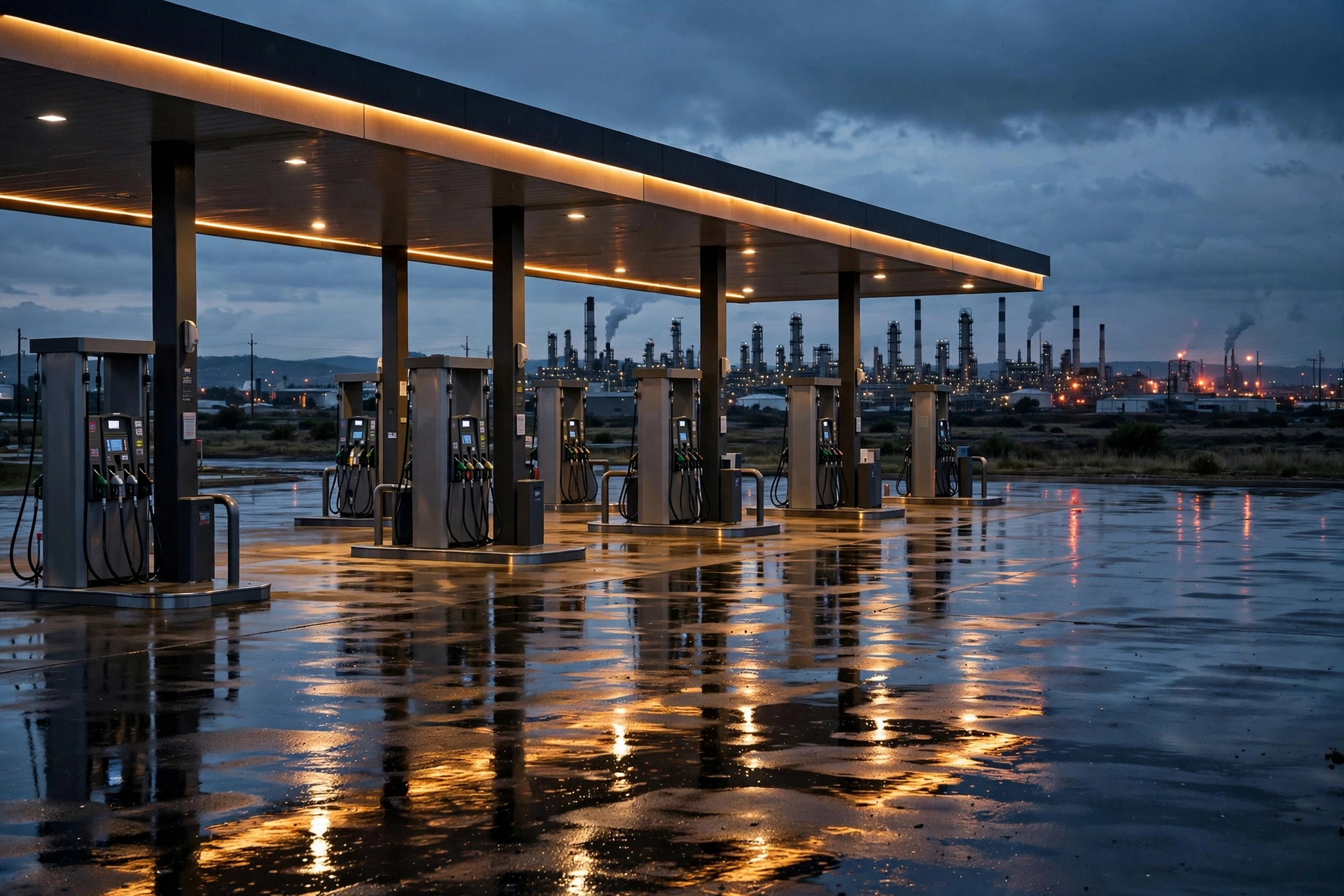 Fuel pumps at a gas station at dusk, with a refinery silhouette on the horizon