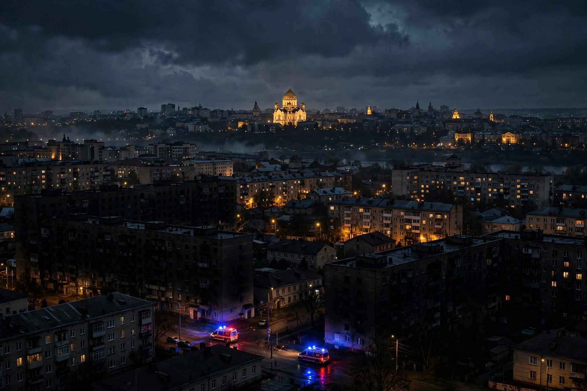 Ukrainian city skyline at night with darkened blocks amid power outages