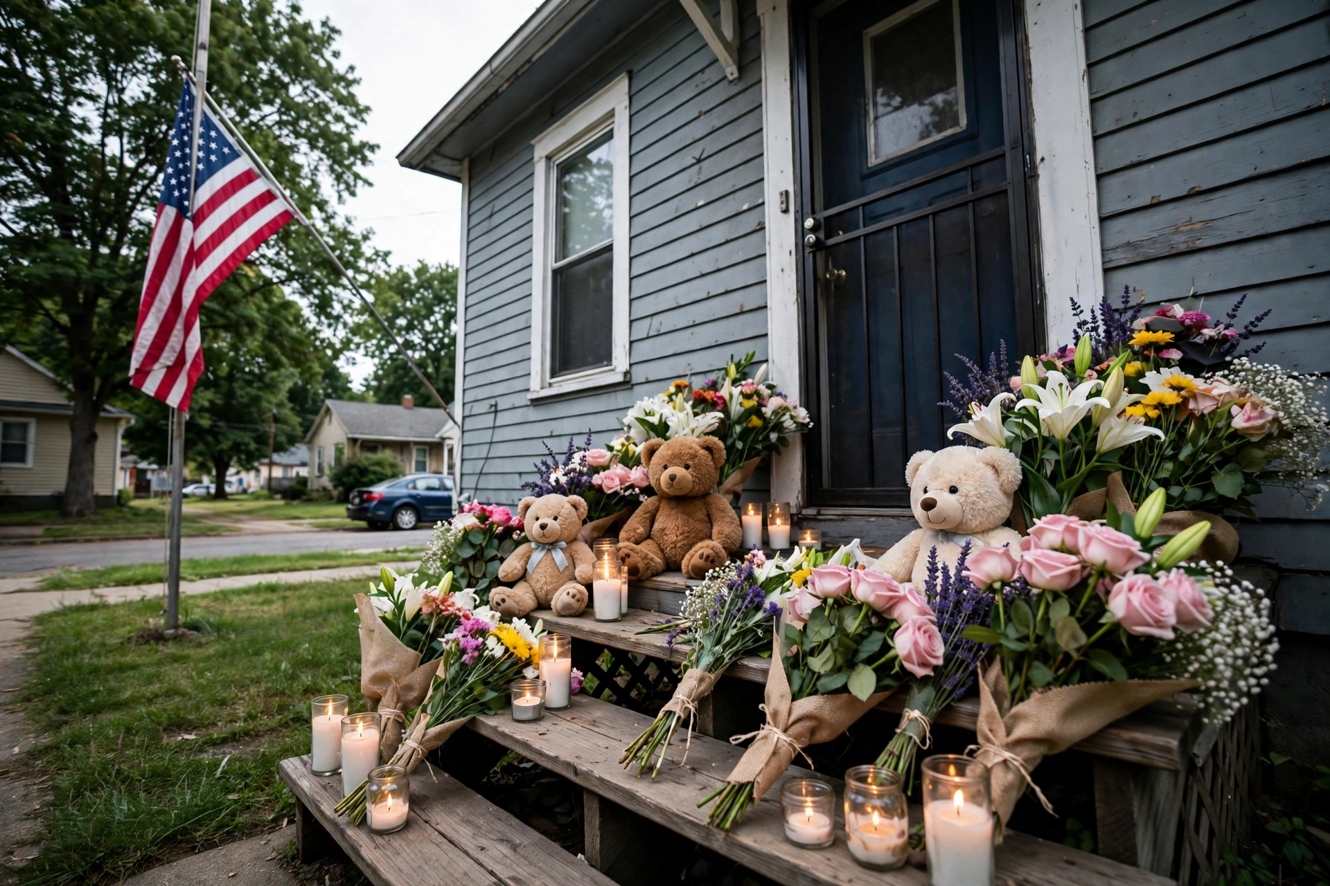 Makeshift memorial with flowers and candles outside a home in Erie, Pennsylvania