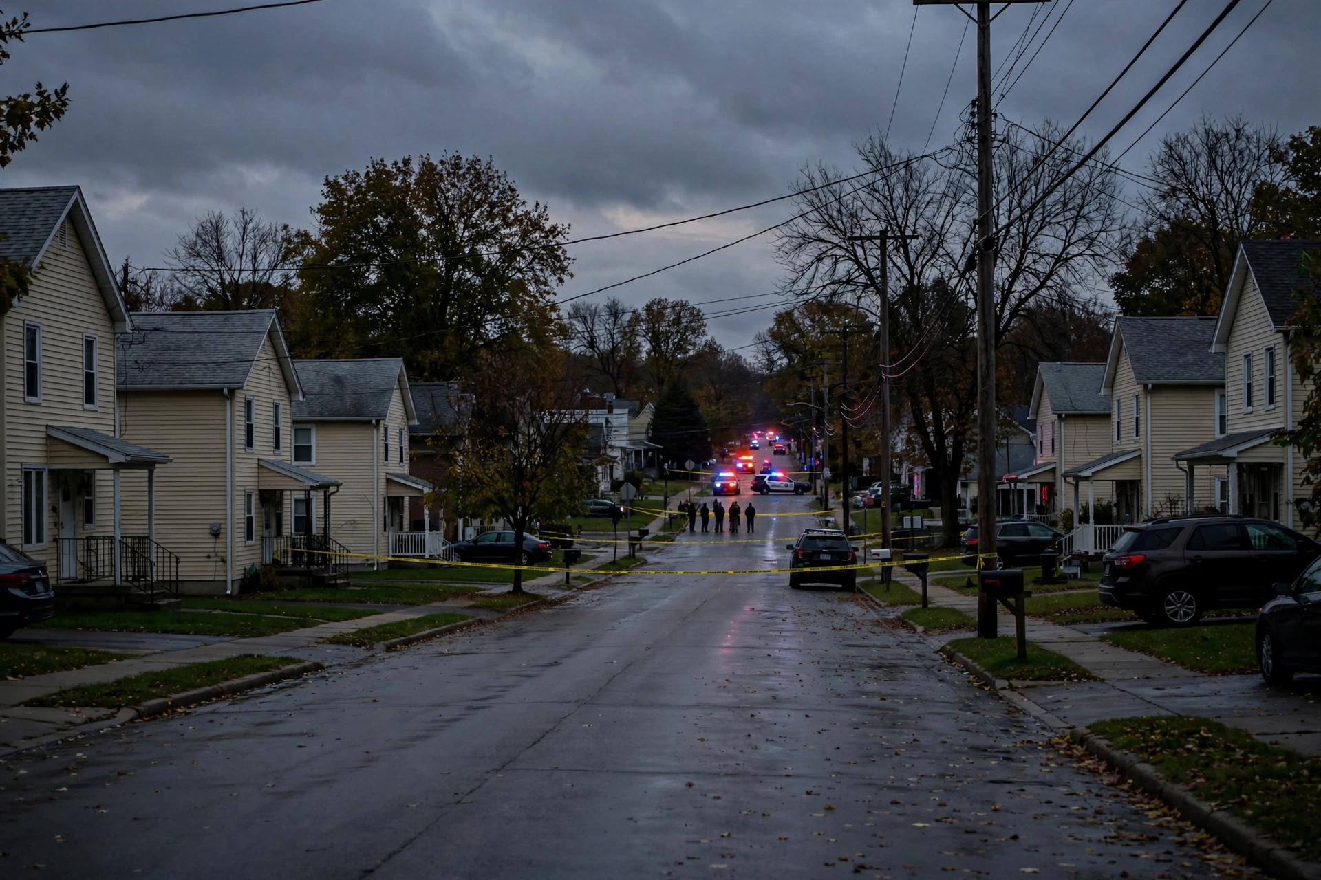 Police presence on a residential street in Erie, Pennsylvania, after the mass shooting